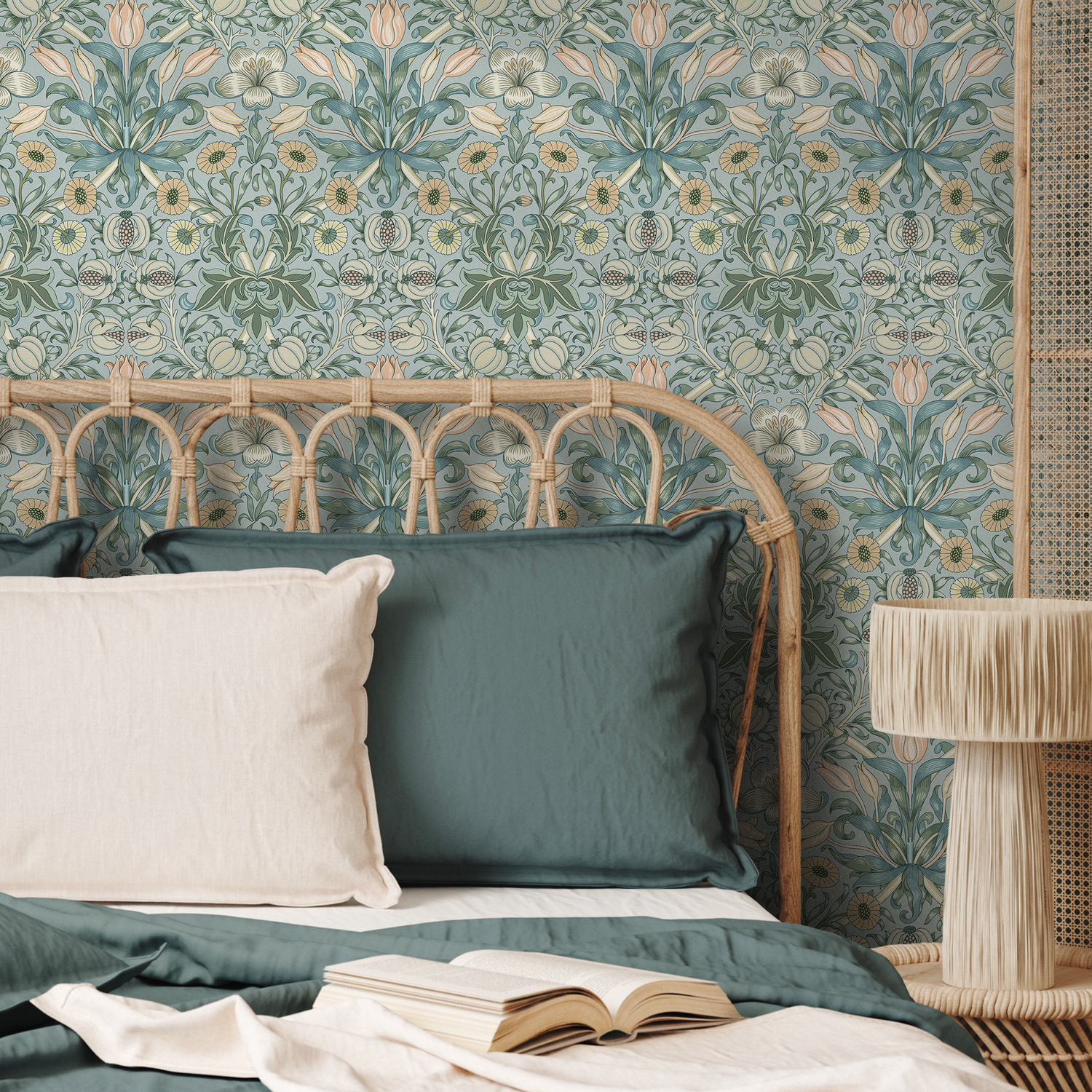Art Nouveau Wallpaper with a Floral and Fruit Motif in Blue, Green, and Peach - B908