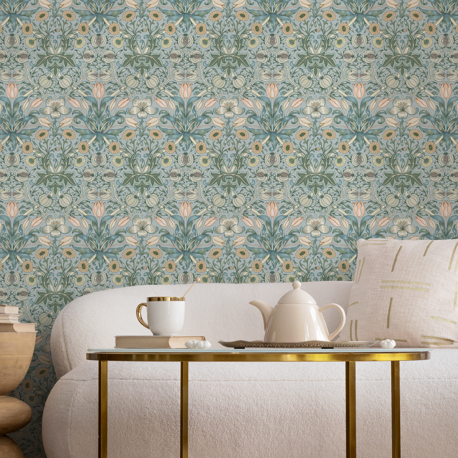 Art Nouveau Wallpaper with a Floral and Fruit Motif in Blue, Green, and Peach - B908
