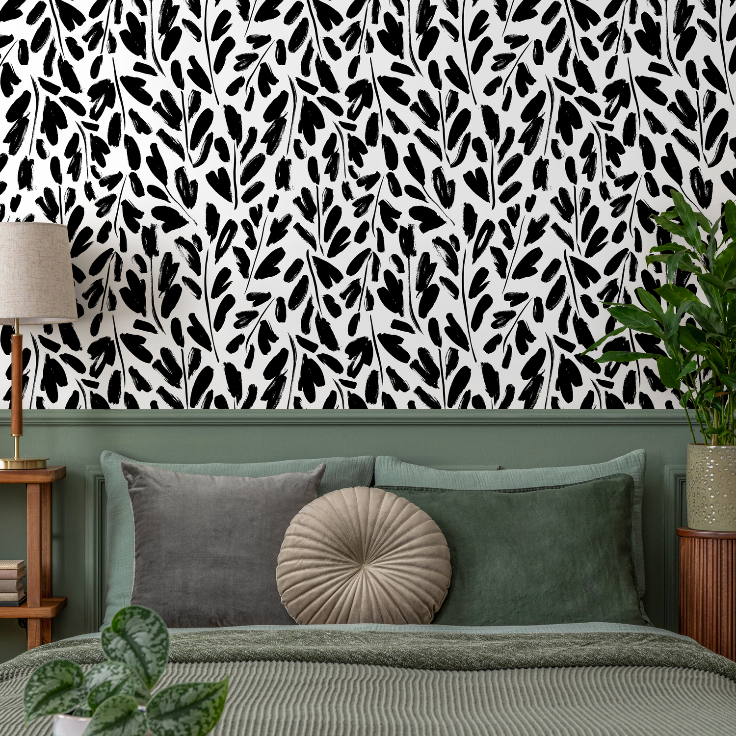 Abstract Wallpaper with Painted Leafy Brushstrokes in Black and White - B910
