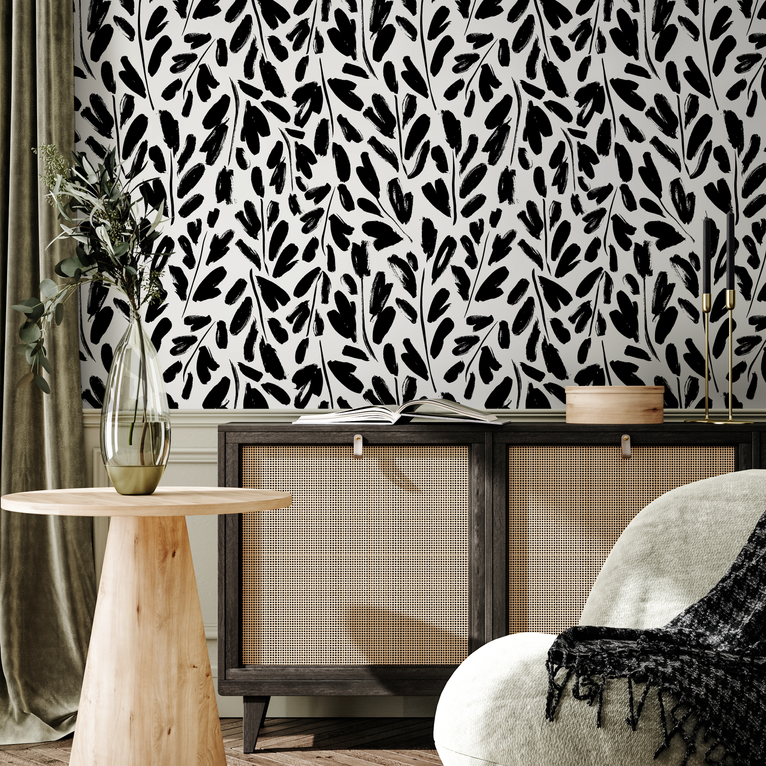 Abstract Wallpaper with Painted Leafy Brushstrokes in Black and White - B910