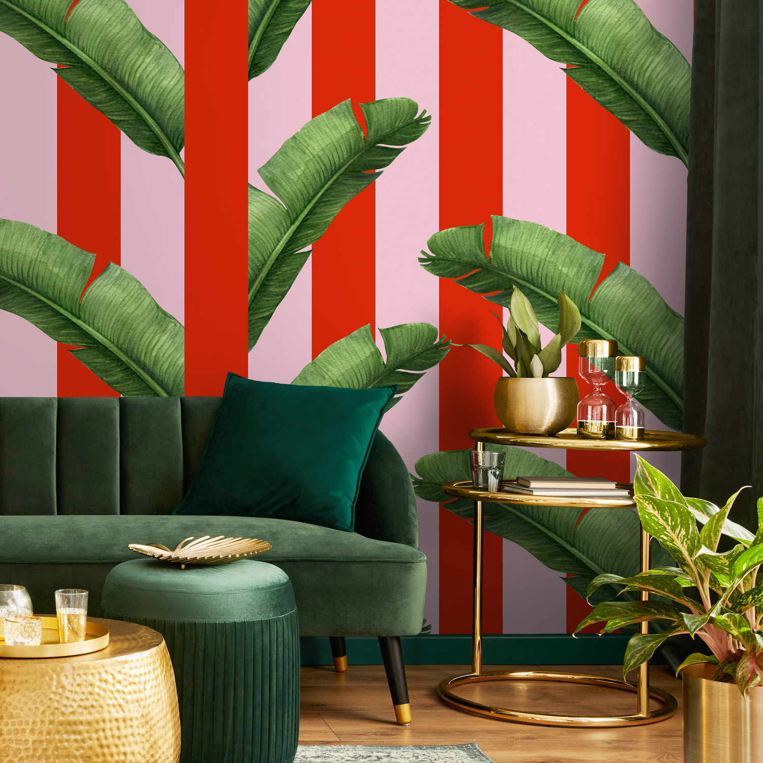 Tropical Wallpaper with Bold Stripes and Banana Leaves in Red, Pink, and Green - AS2-B932