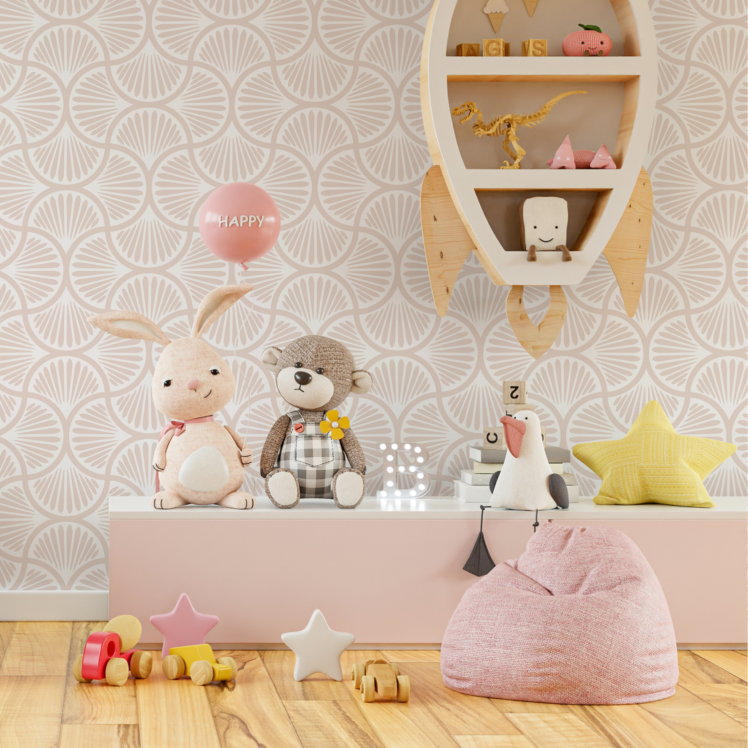 Art Deco Wallpaper with a Scalloped Fan Motif in Beige - B939