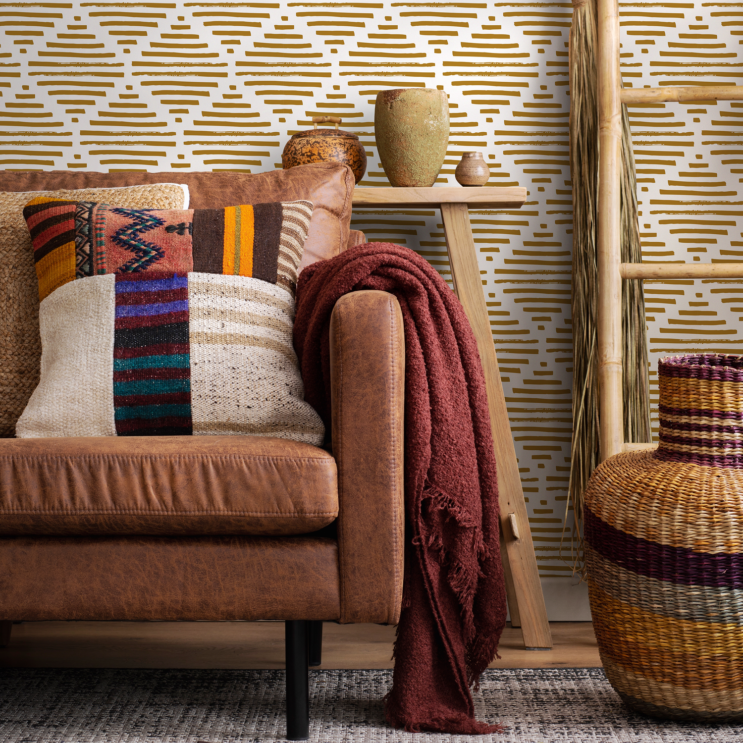 Abstract Wallpaper with a Textured Line Motif in Ochre - B947