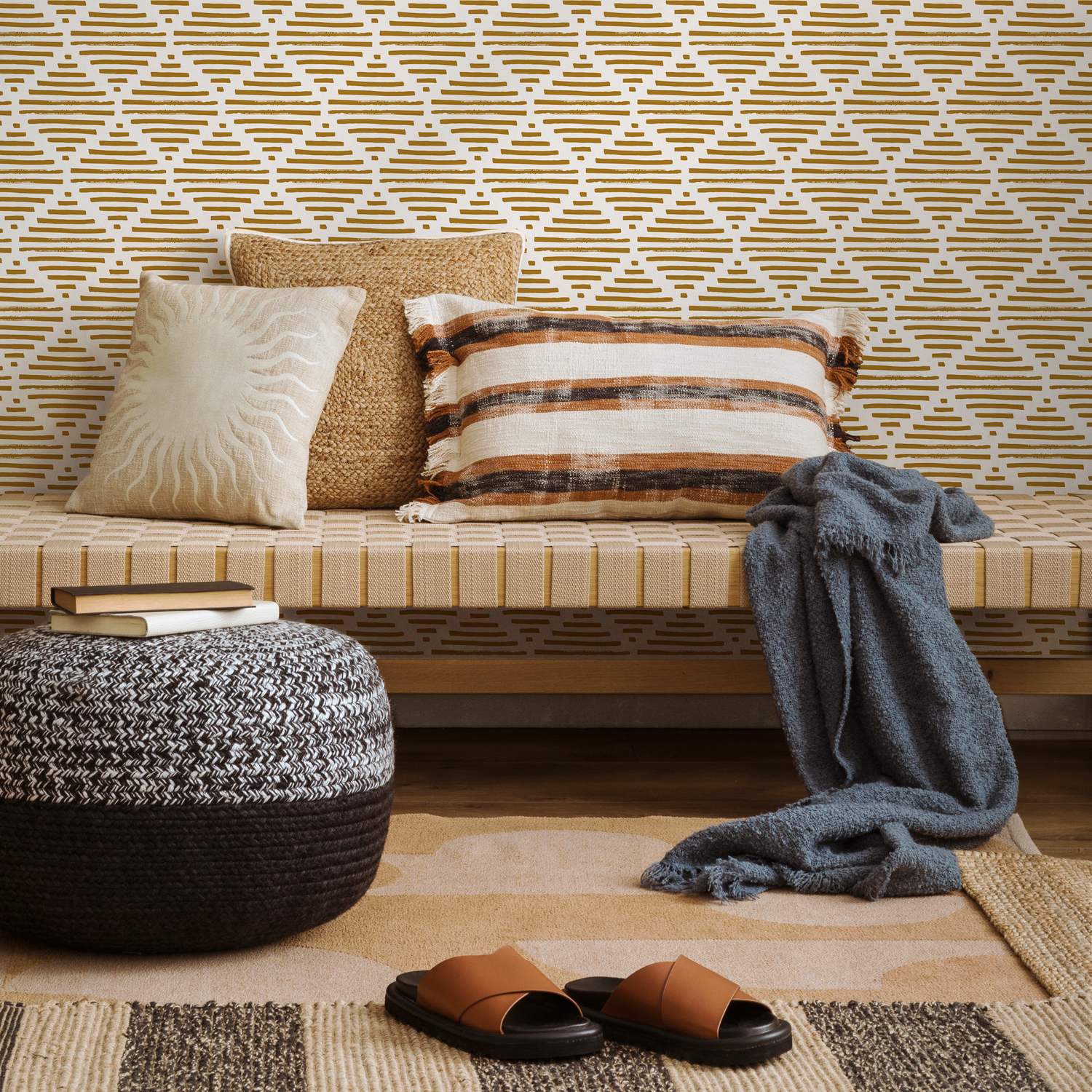 Abstract Wallpaper with a Textured Line Motif in Ochre - B947