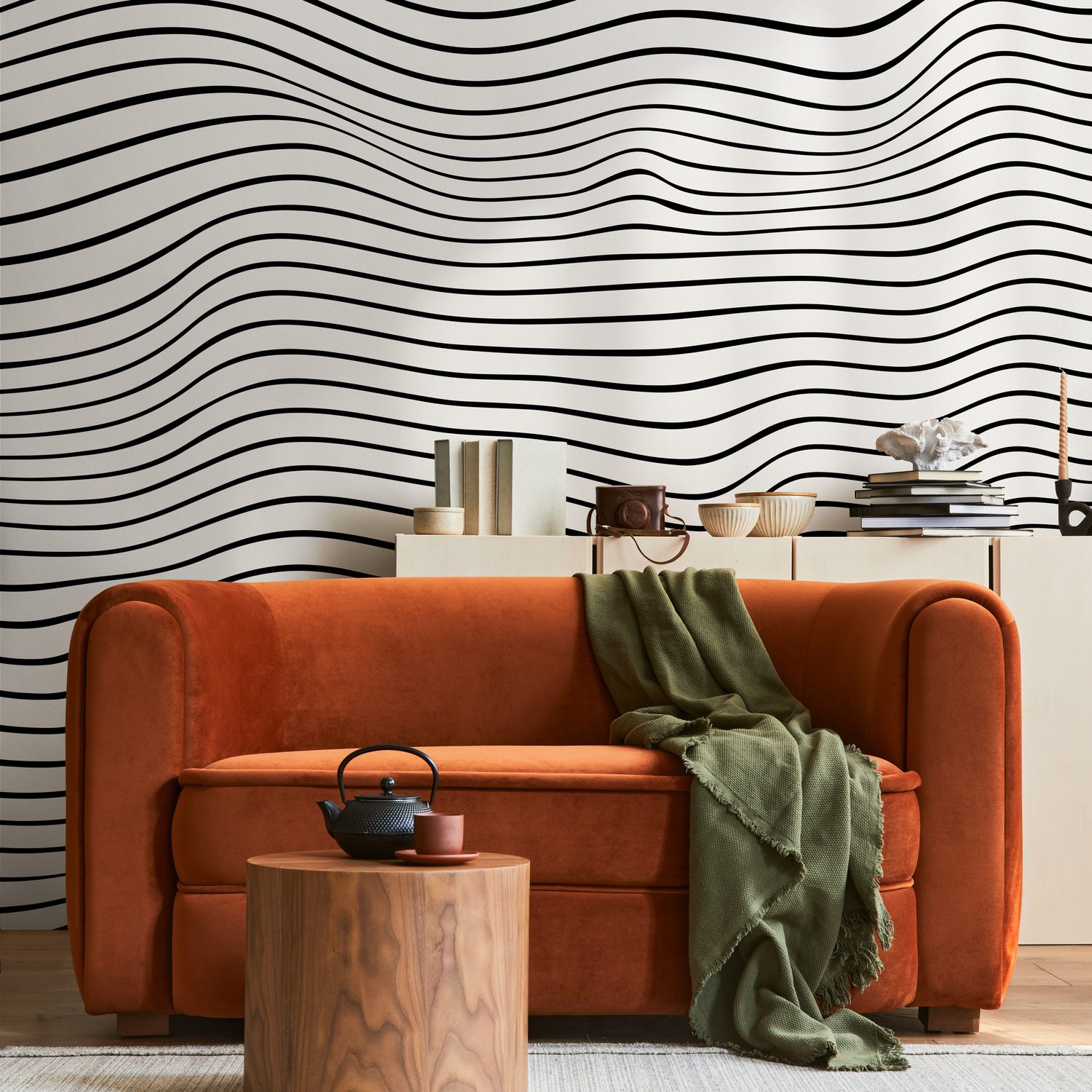 Abstract Wallpaper with 3D Wavy Lines in Black and White - B948