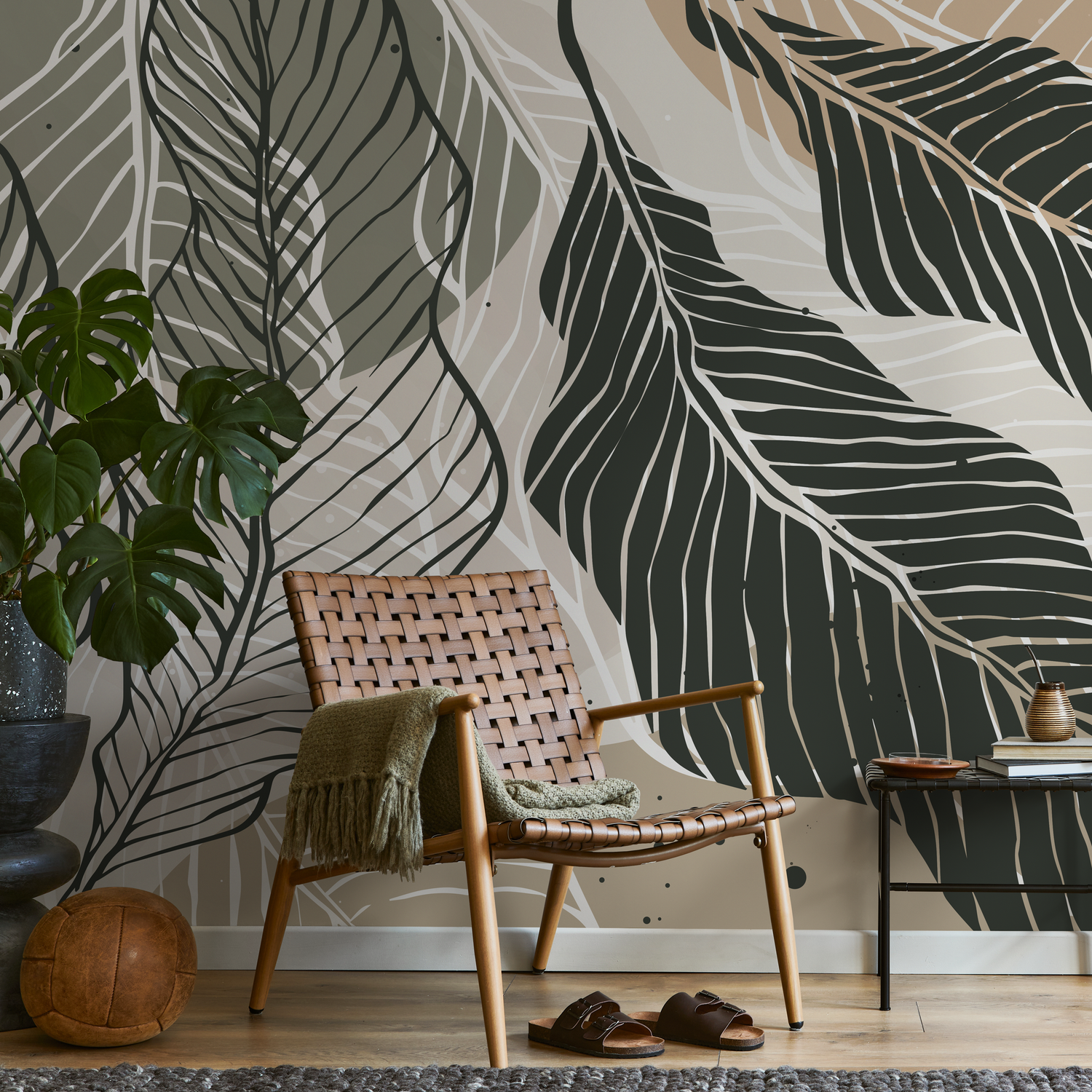 Botanical Wallpaper with Stylized Leaves in Green, Beige, and Black - B953