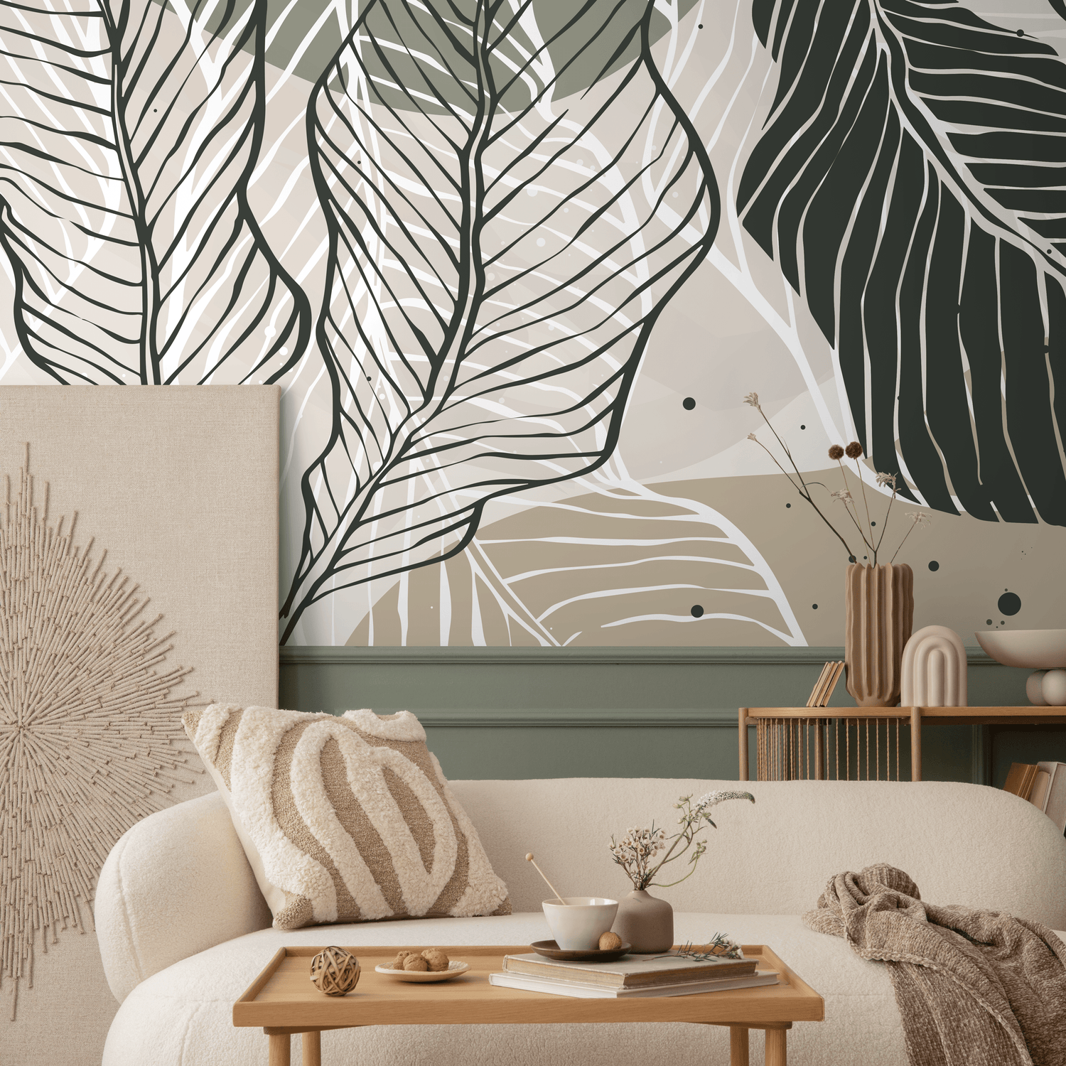 Botanical Wallpaper with Stylized Leaves in Green, Beige, and Black - B953