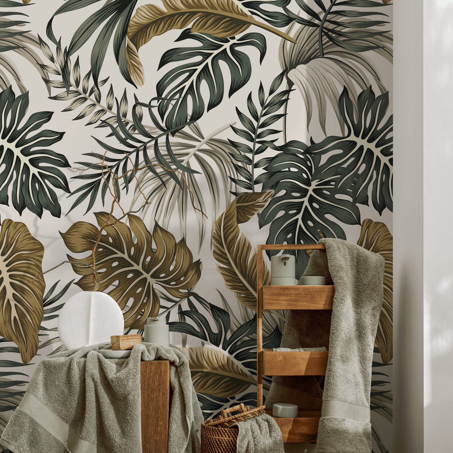 Tropical Wallpaper with Monstera and Palm Leaves in Green and Gold - B964