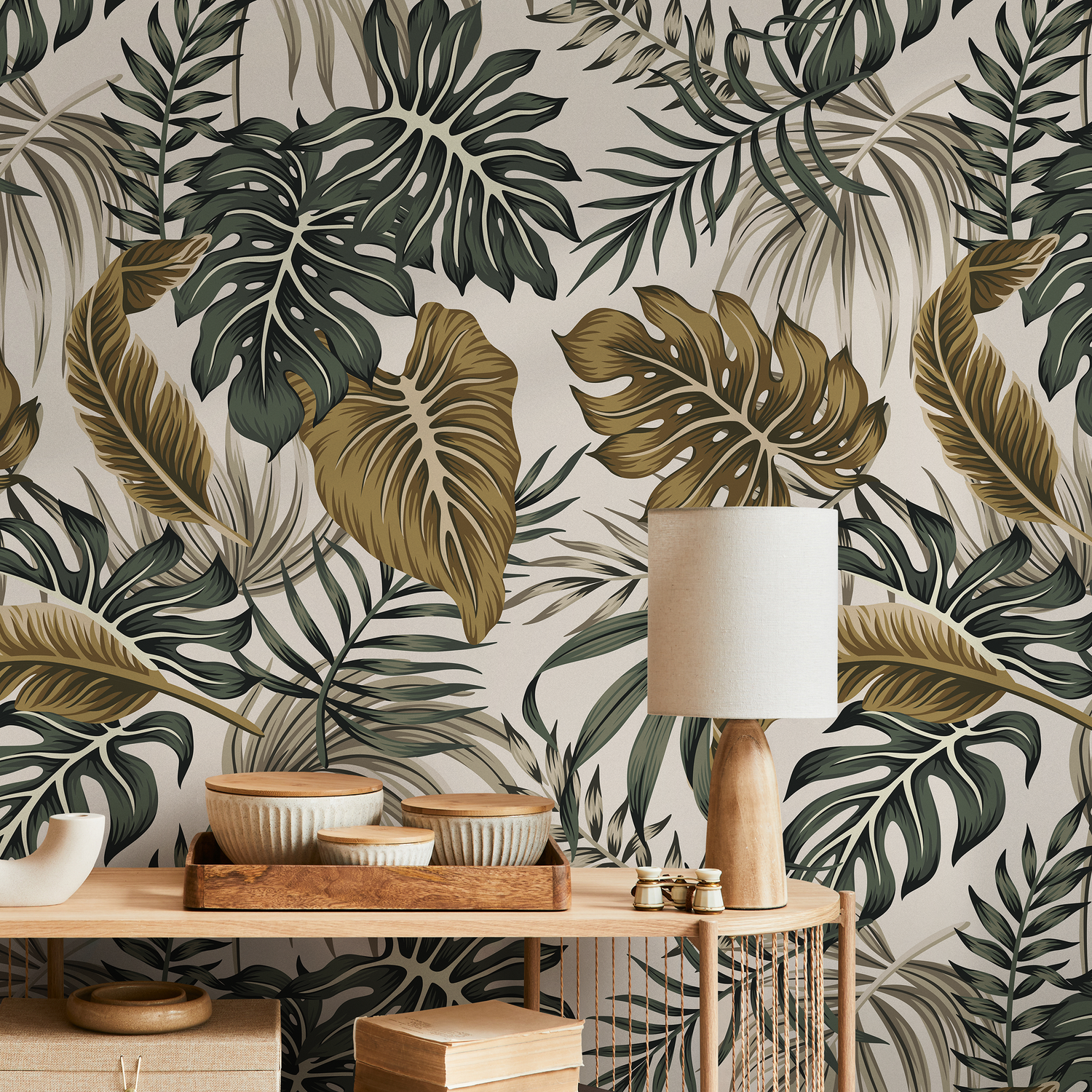 Tropical Wallpaper with Monstera and Palm Leaves in Green and Gold - B964