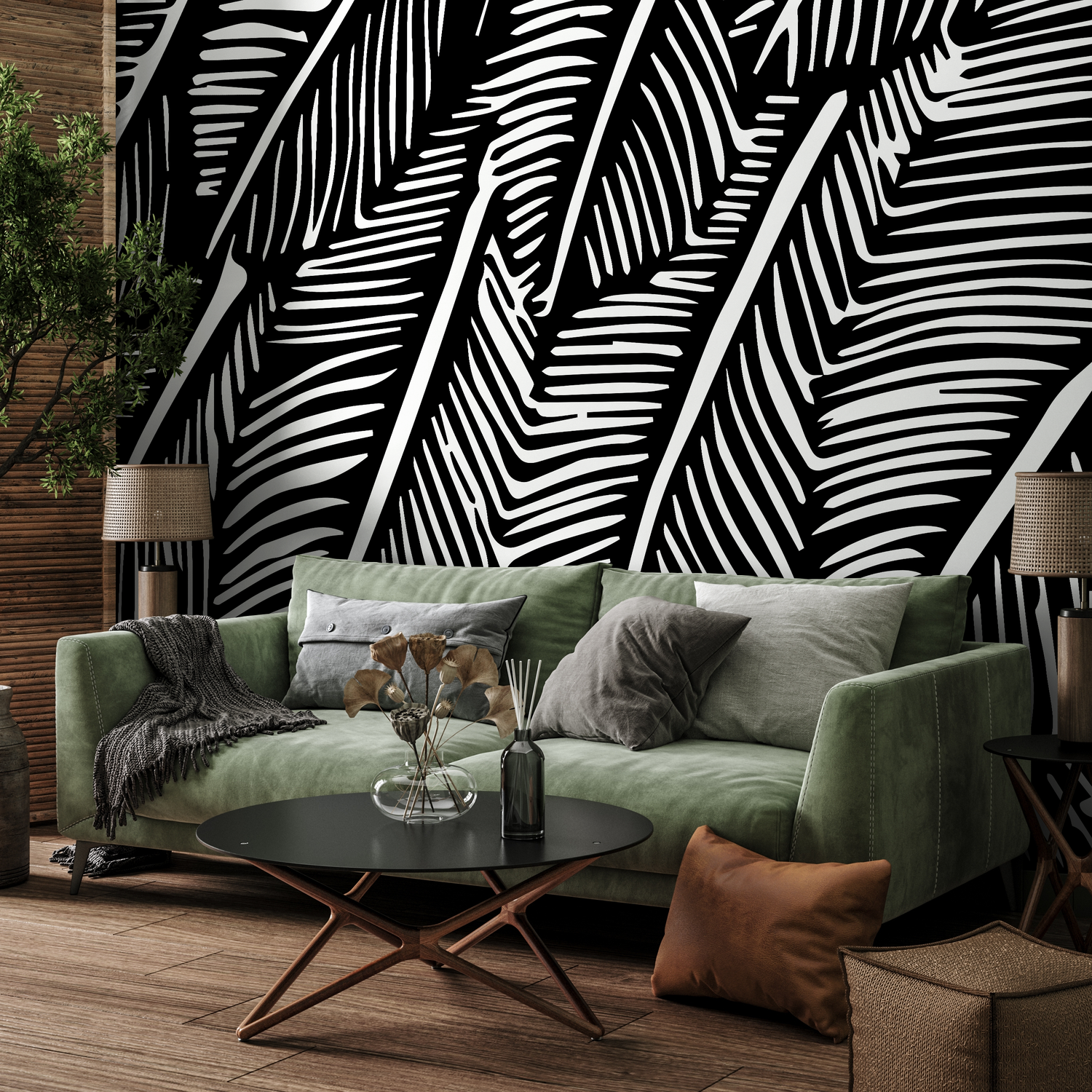Botanical Wallpaper with Stylized Palm Leaves in Black and White - B966