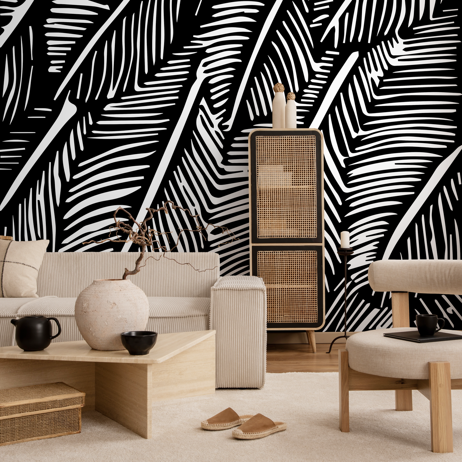 Botanical Wallpaper with Stylized Palm Leaves in Black and White - B966