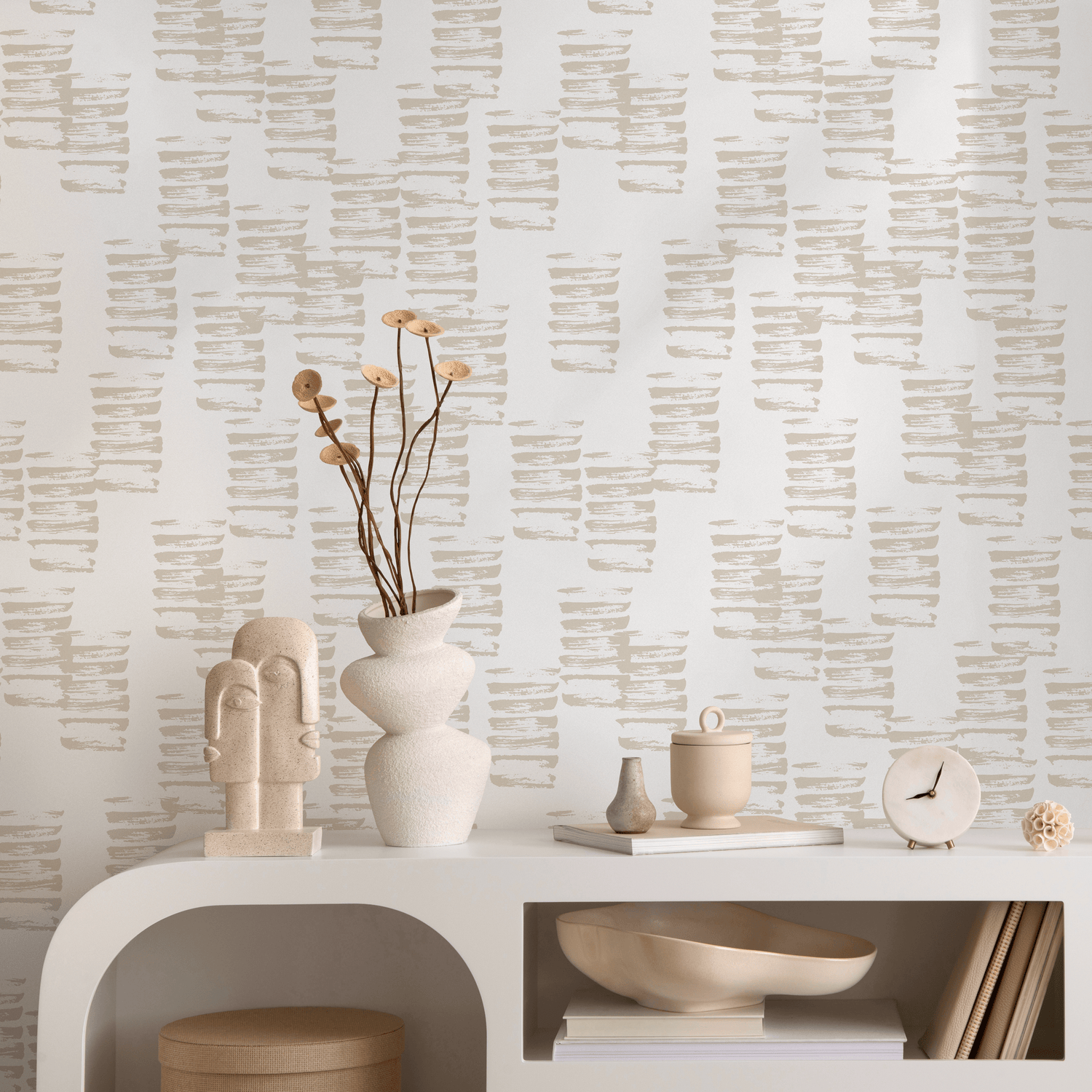 Abstract Wallpaper with Horizontal Brushstrokes in Beige - B974