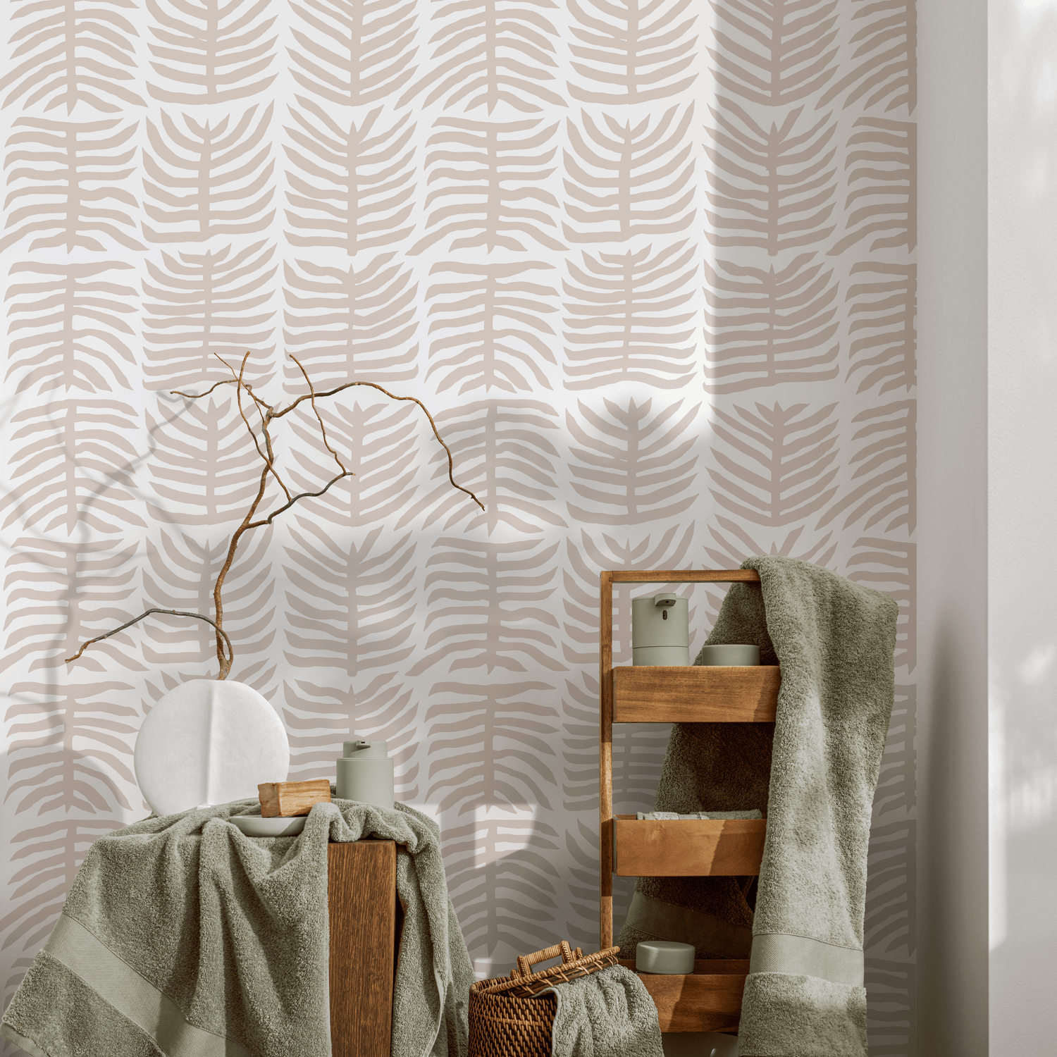 Botanical Wallpaper with a Stylized Leaf Motif in Beige - B980