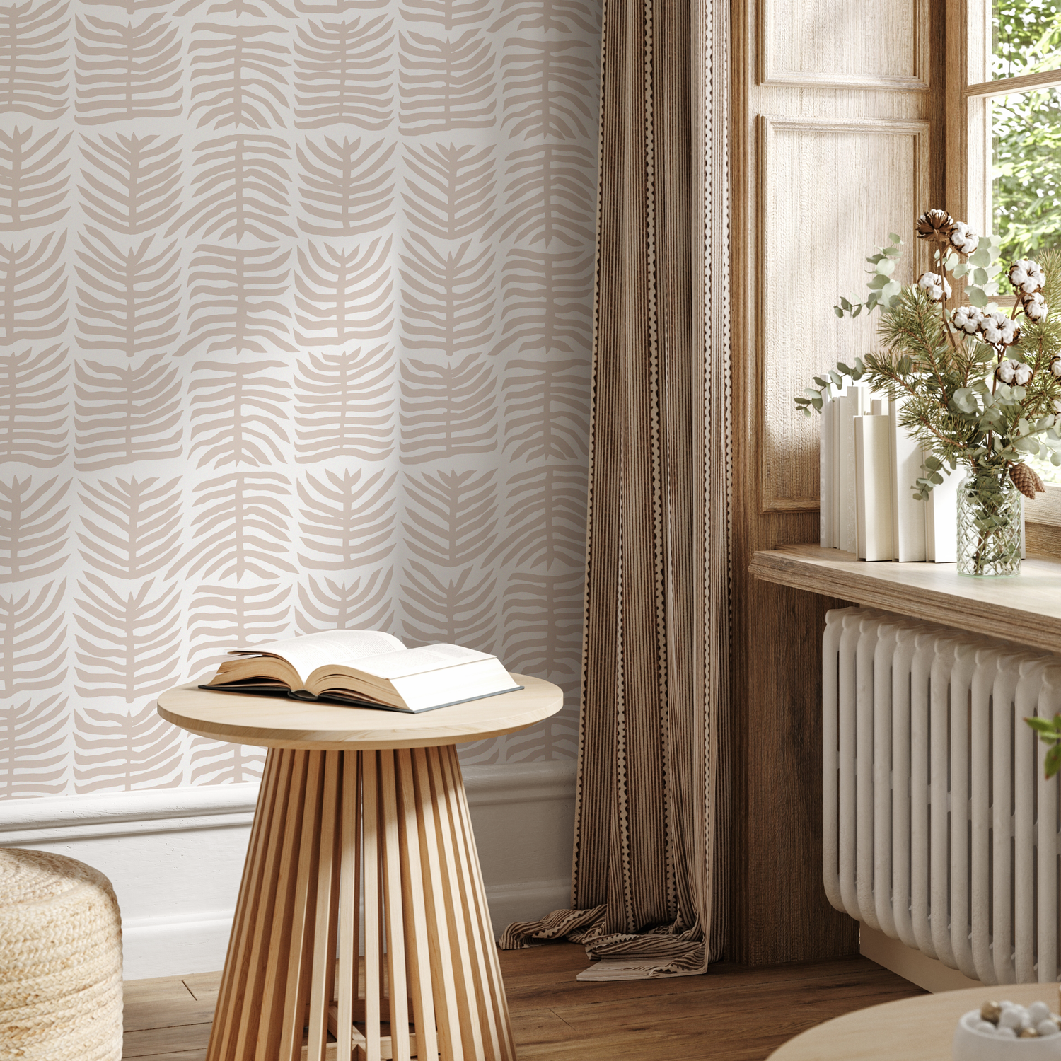 Botanical Wallpaper with a Stylized Leaf Motif in Beige - B980
