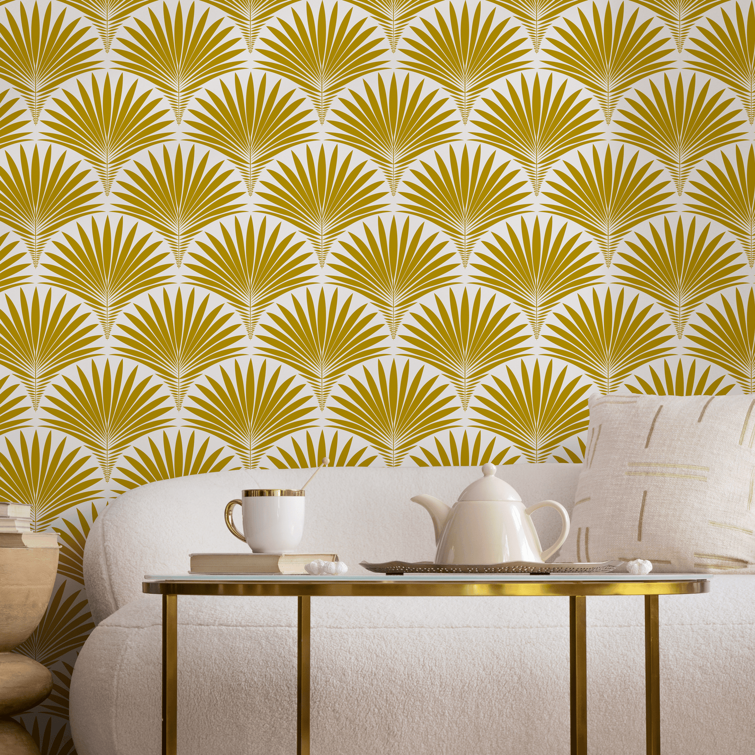 Art Deco Wallpaper with a Stylized Palm Frond Motif in Mustard Yellow - B987