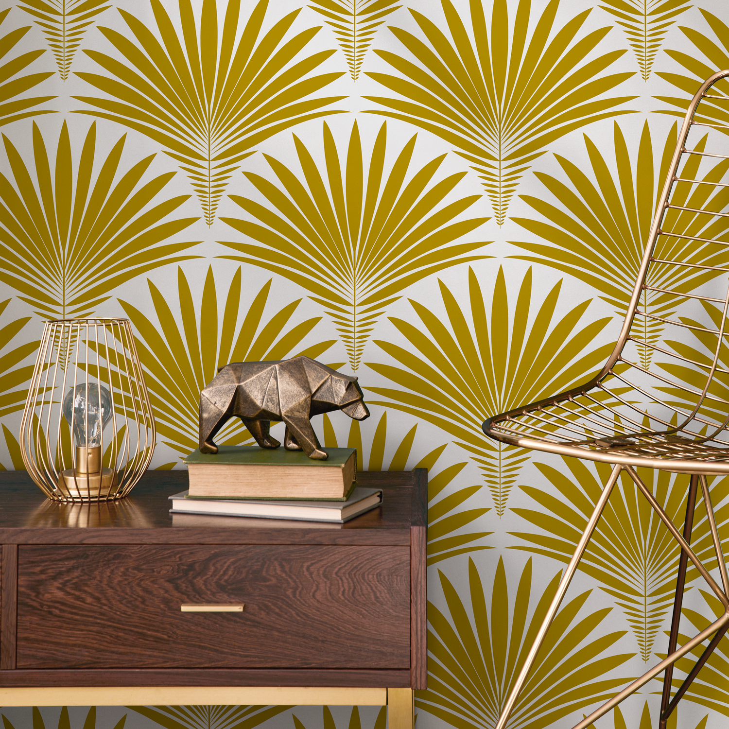 Art Deco Wallpaper with a Stylized Palm Frond Motif in Mustard Yellow - B987