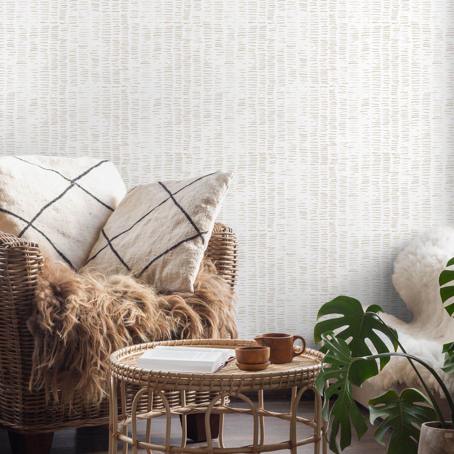 Abstract Wallpaper with a Textured Dashed Line Motif in Beige - B988