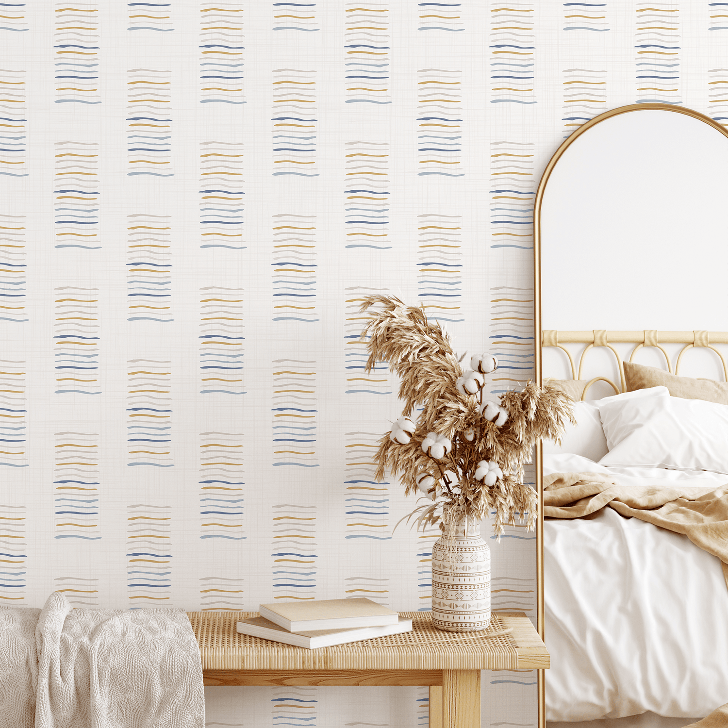 Scandinavian Wallpaper with Wavy Line Blocks in Blue, Gold, and Grey - B993