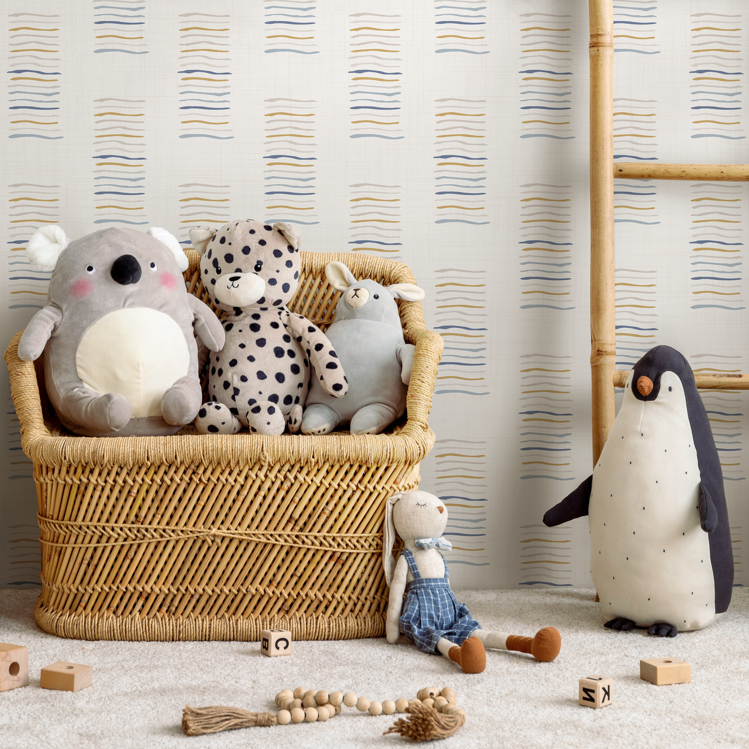 Scandinavian Wallpaper with Wavy Line Blocks in Blue, Gold, and Grey - B993