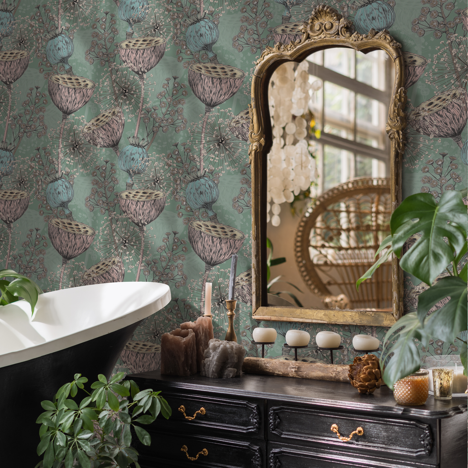 Botanical Wallpaper with Lotus and Poppy Seed Pods in Green, Pink, and Blue - C001