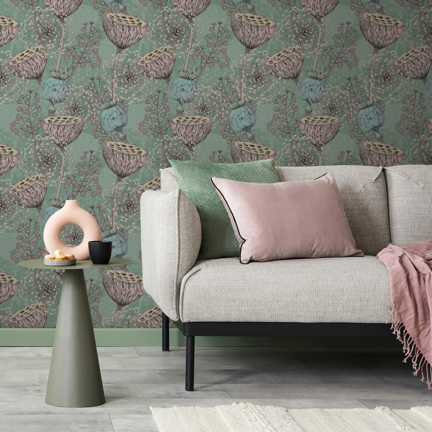 Botanical Wallpaper with Lotus and Poppy Seed Pods in Green, Pink, and Blue - C001