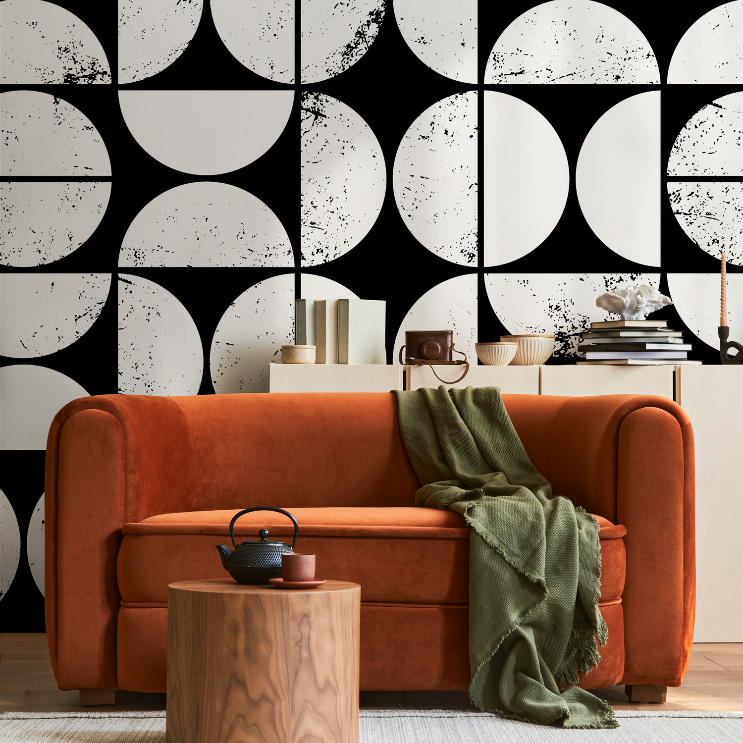 Geometric Wallpaper with a Distressed Circle Grid in Black and Cream - C012