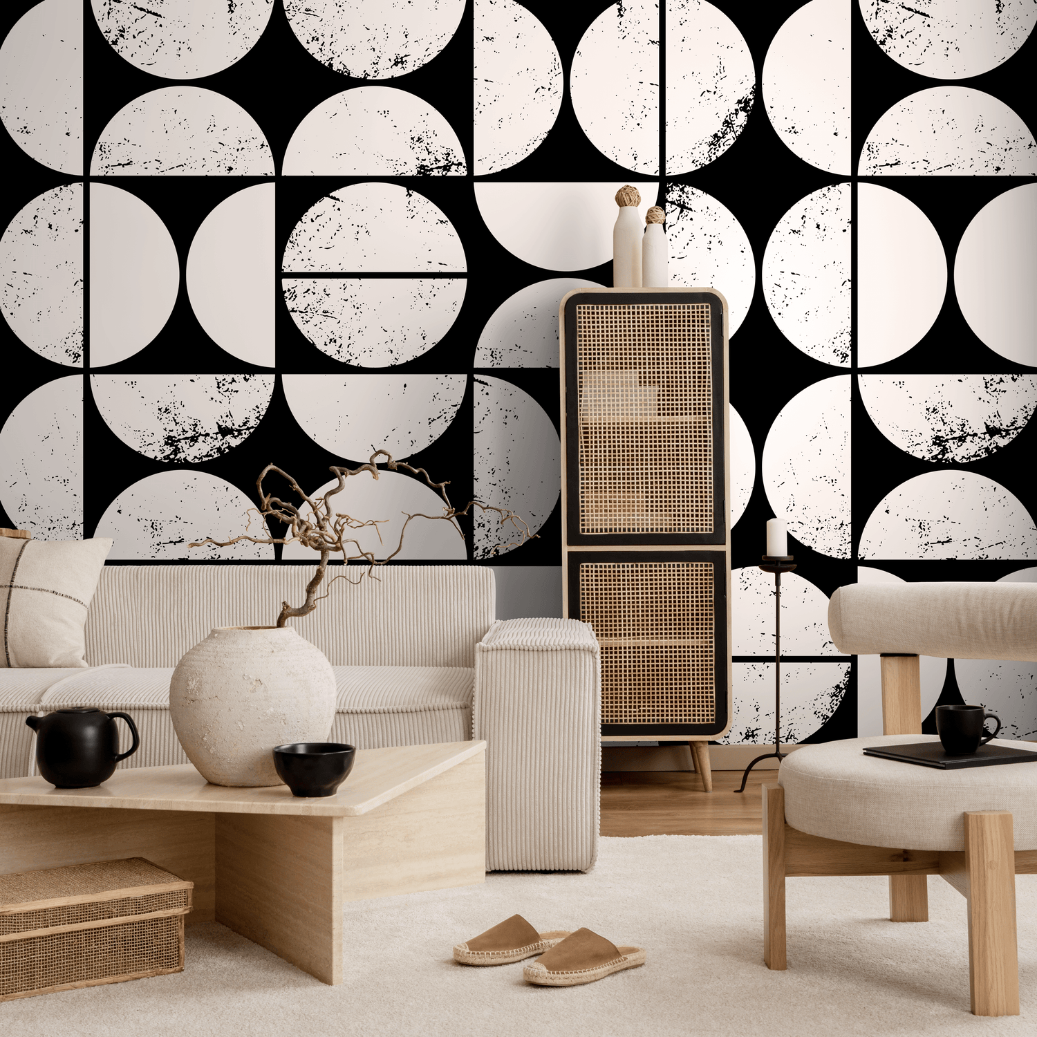 Geometric Wallpaper with a Distressed Circle Grid in Black and Cream - C012