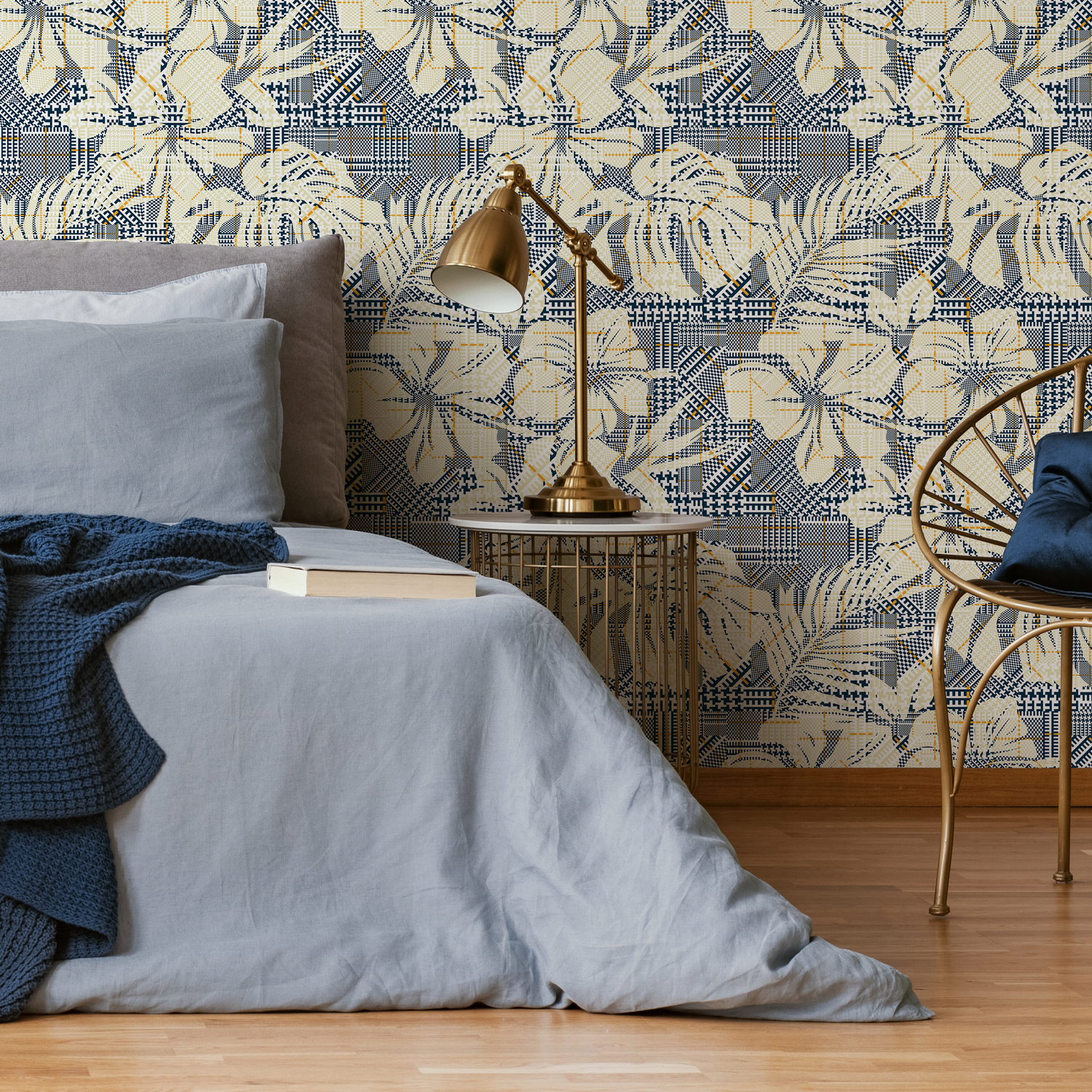 Botanical Wallpaper with Geometric Patchwork in Navy Blue, Cream, and Yellow - C021