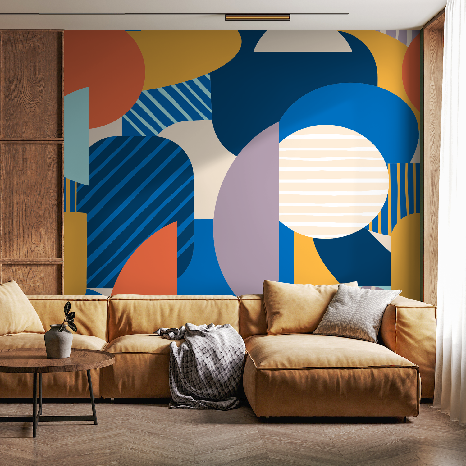 Abstract Geometric Wallpaper with Layered Circles in Blue, Orange, and Purple - C023