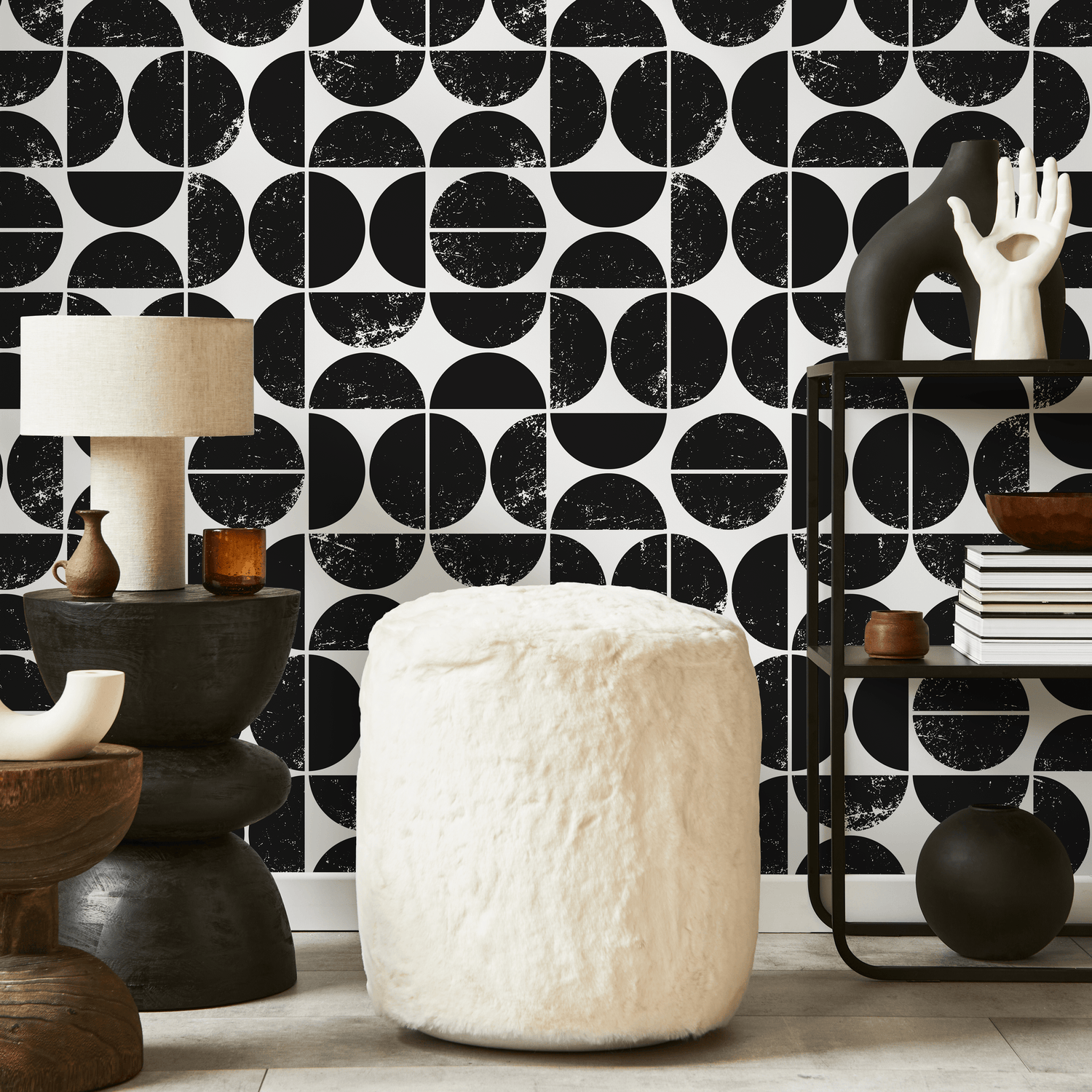Geometric Wallpaper with a Distressed Semi-Circle Motif in Black and White - C029