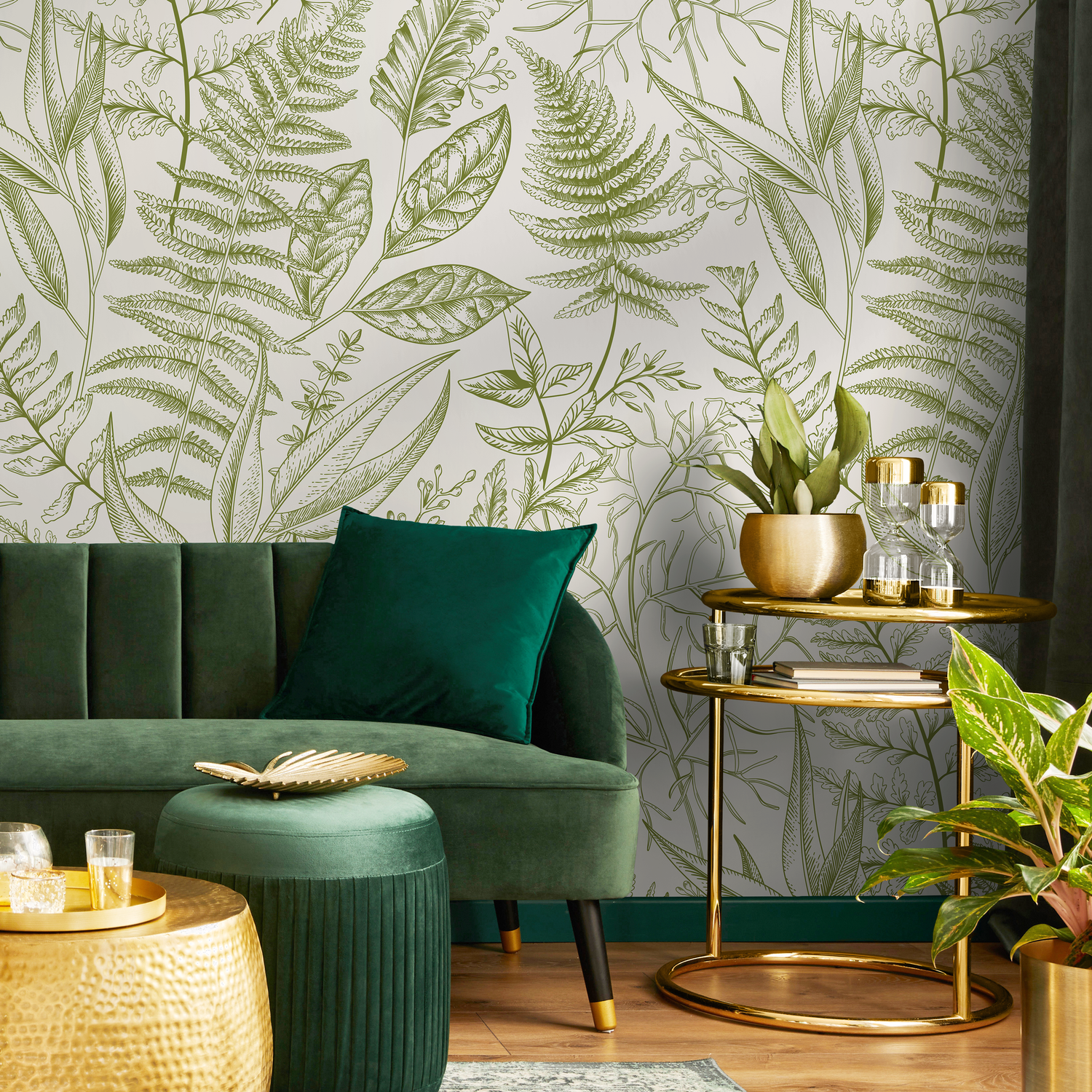 Botanical Wallpaper with a Vintage Illustration of Ferns and Leaves in Green - C043