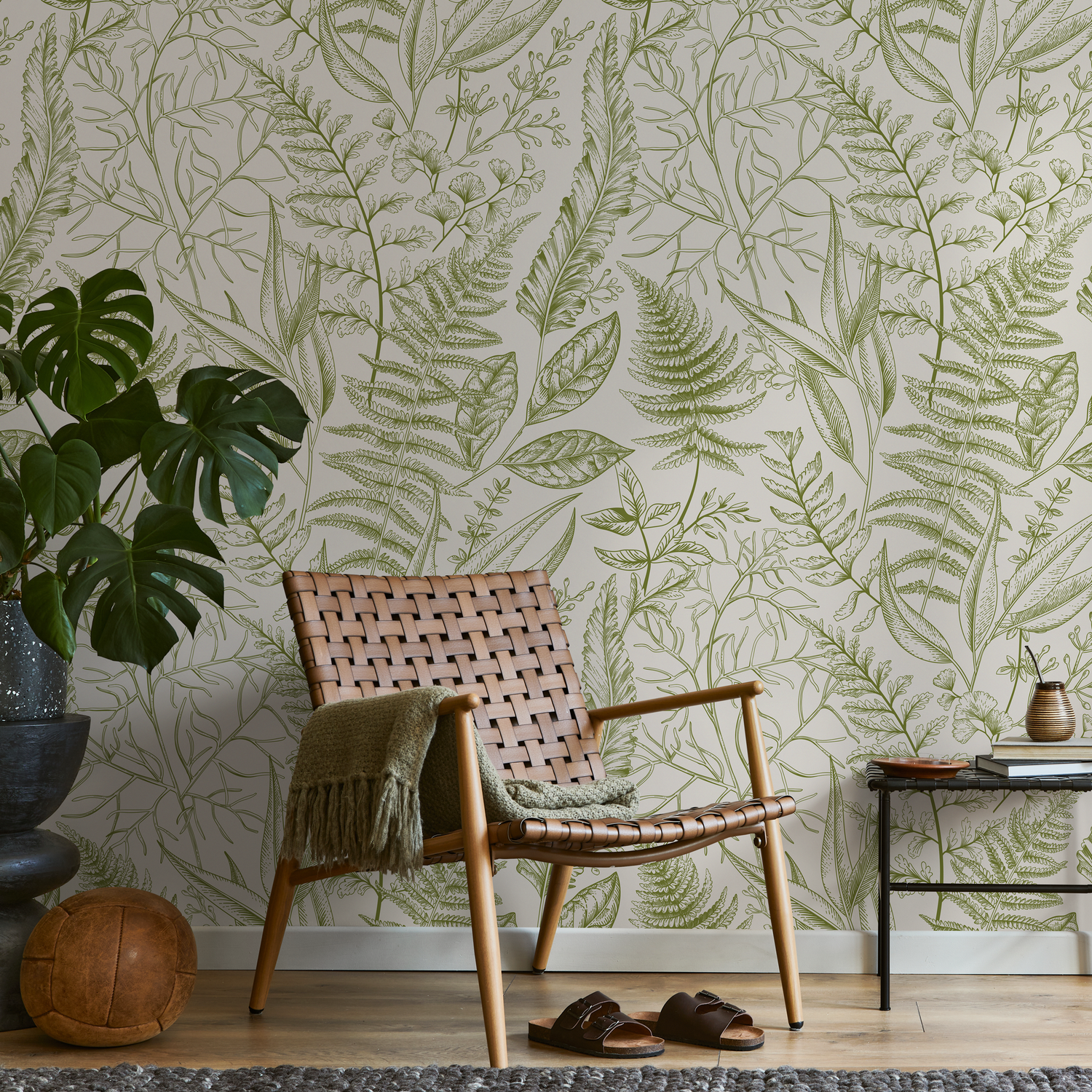 Botanical Wallpaper with a Vintage Illustration of Ferns and Leaves in Green - C043