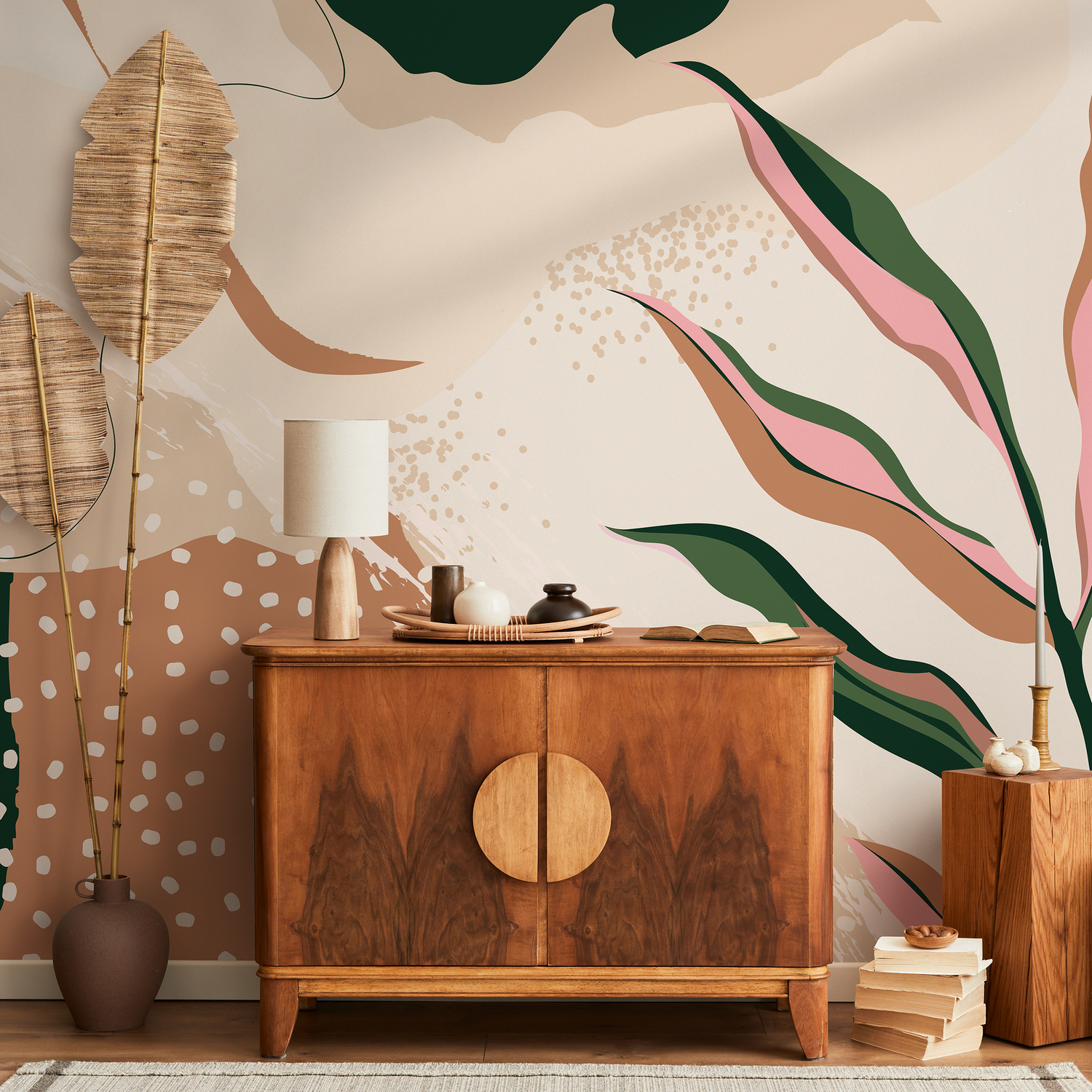 Abstract Wallpaper with Botanical Shapes in Terracotta, Green, and Pink - C055