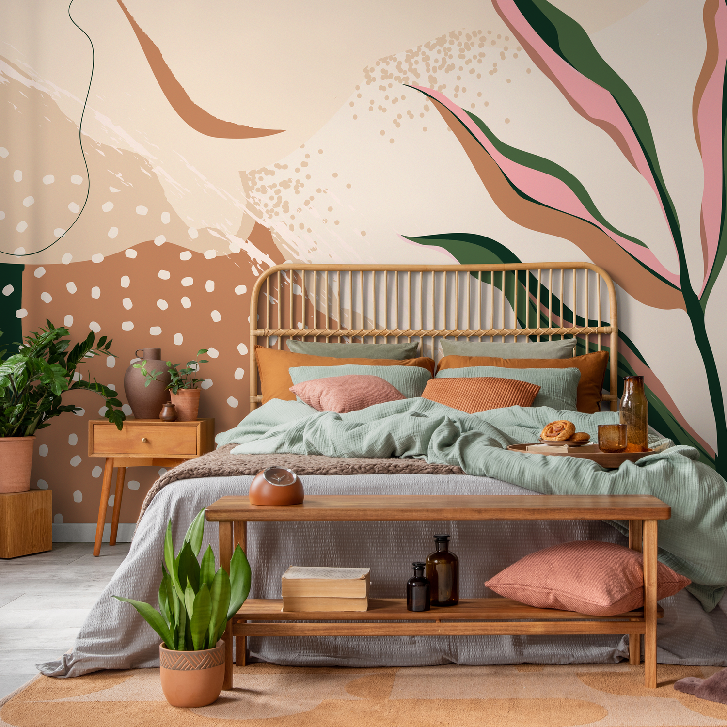 Abstract Wallpaper with Botanical Shapes in Terracotta, Green, and Pink - C055
