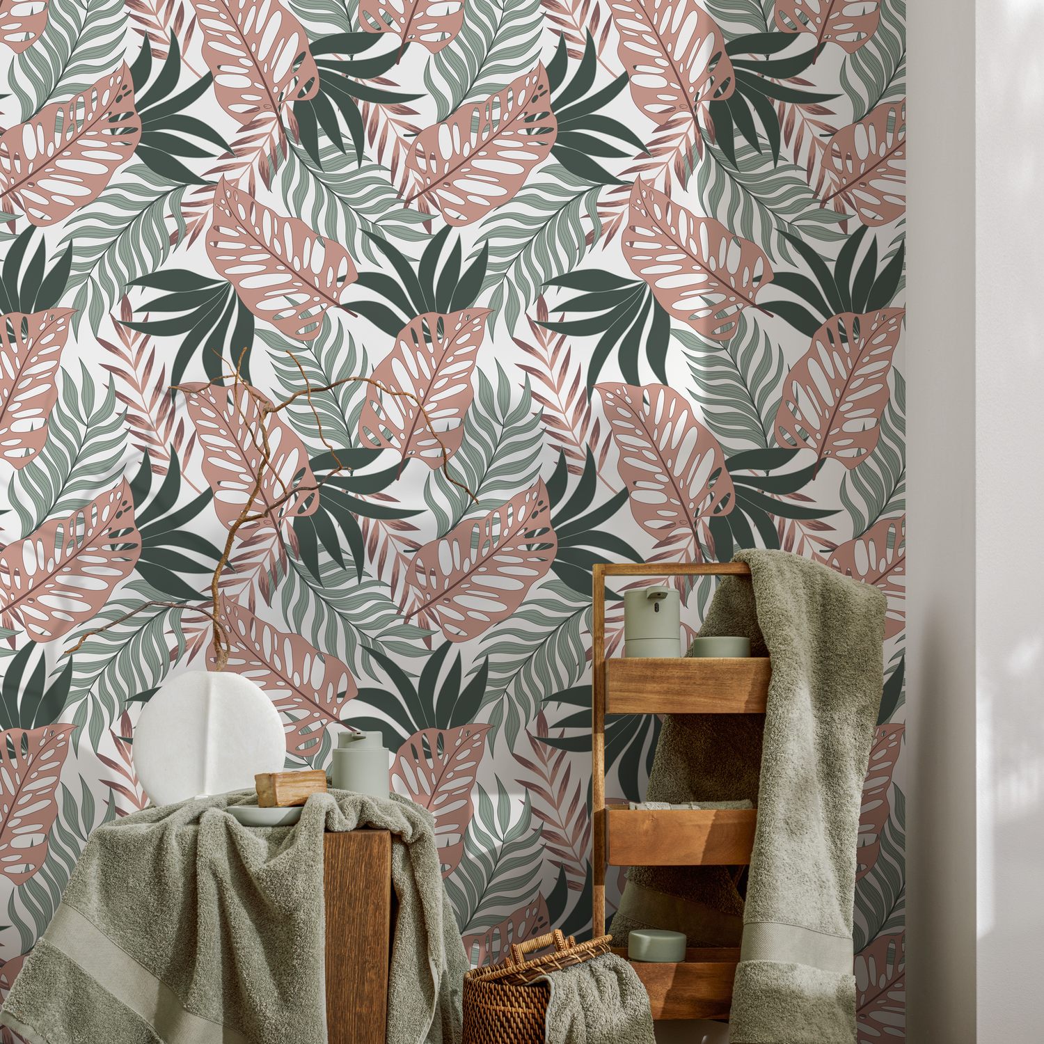 Tropical Wallpaper with Overlapping Monstera Leaves in Pink, Sage, and Dark Green - C057