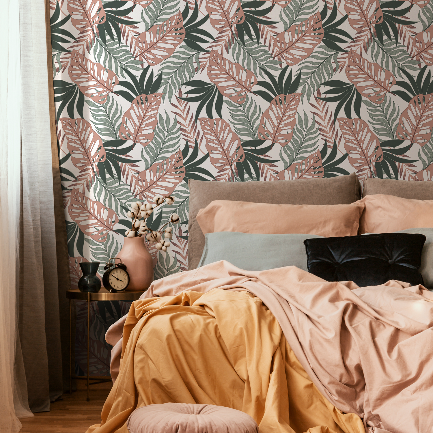 Tropical Wallpaper with Overlapping Monstera Leaves in Pink, Sage, and Dark Green - C057