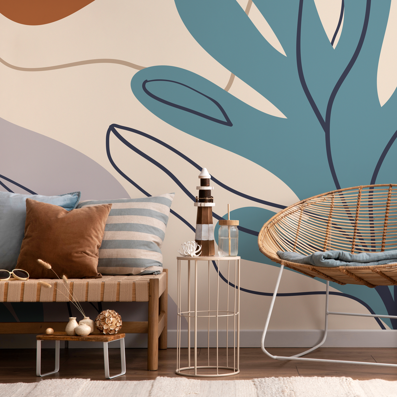 Abstract Wallpaper with Stylized Botanical Shapes in Teal and Terracotta - C061