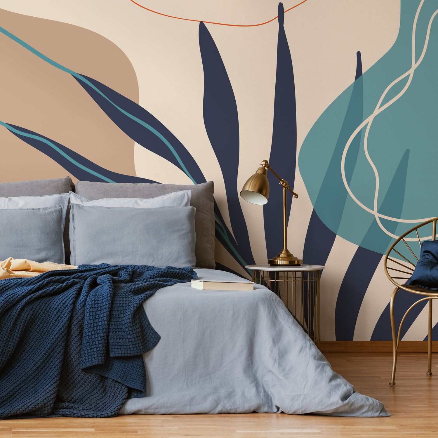 Abstract Wallpaper with Modern Botanical Forms in Navy Blue, Teal, and Beige - C062