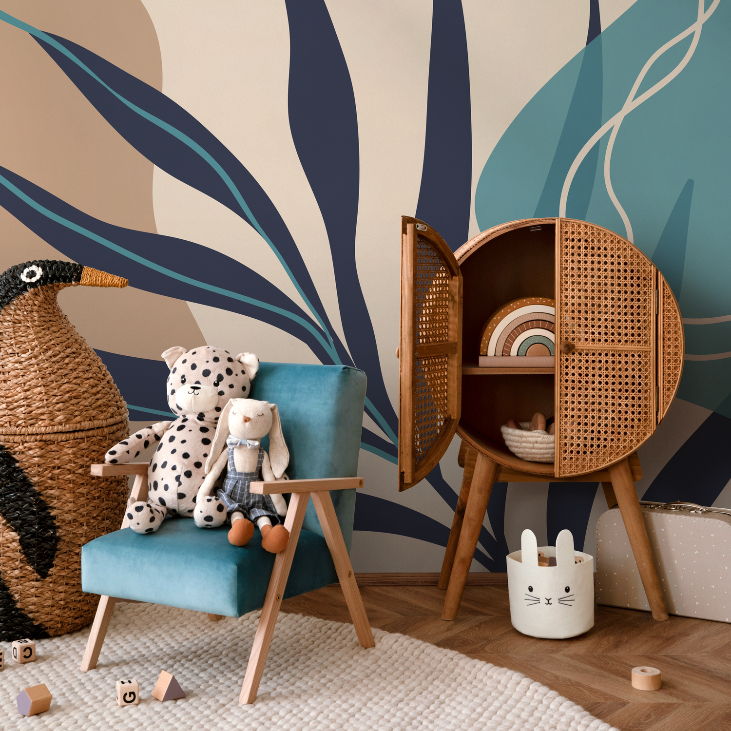 Abstract Wallpaper with Modern Botanical Forms in Navy Blue, Teal, and Beige - C062