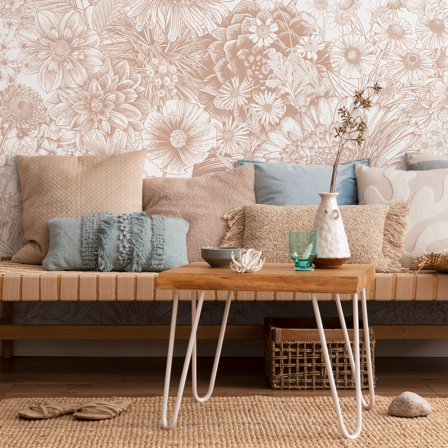 Floral Wallpaper with a Detailed Line Art Motif in Dusty Rose - C064