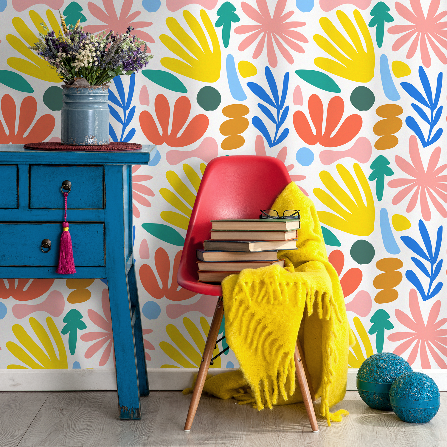 Abstract Floral Wallpaper with Colorful Organic Shapes in Yellow, Blue, and Orange - C067