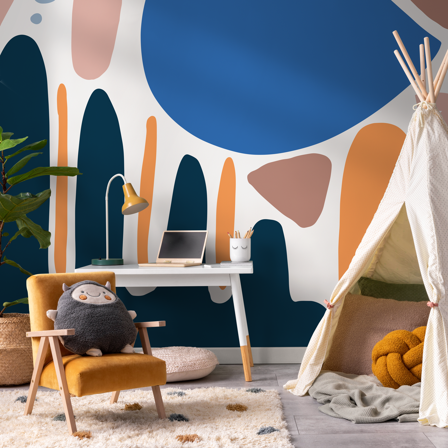 Abstract Wallpaper with Large Organic Shapes in Blue, Orange, and Pink - C072