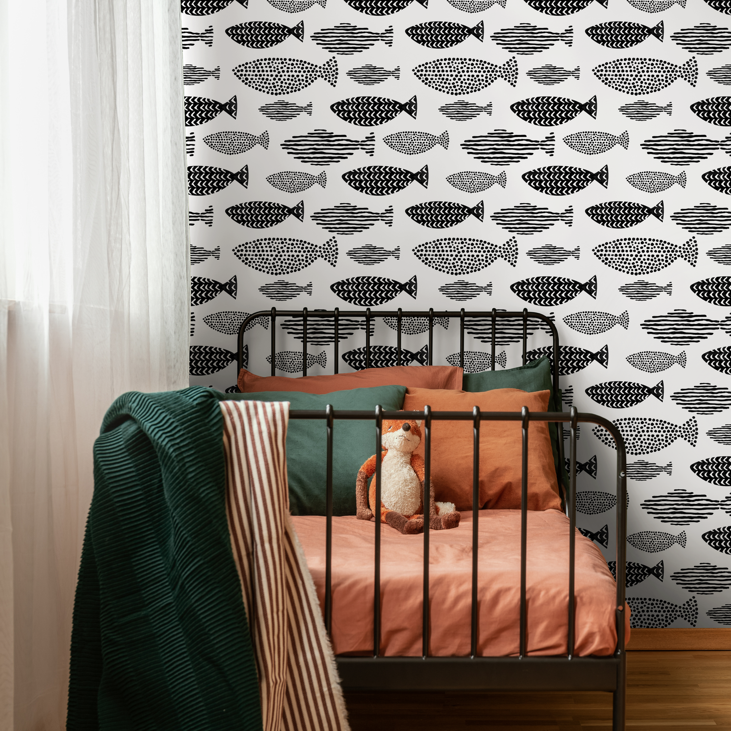 Coastal Wallpaper with a Stylized Fish Motif in Black and White - C084