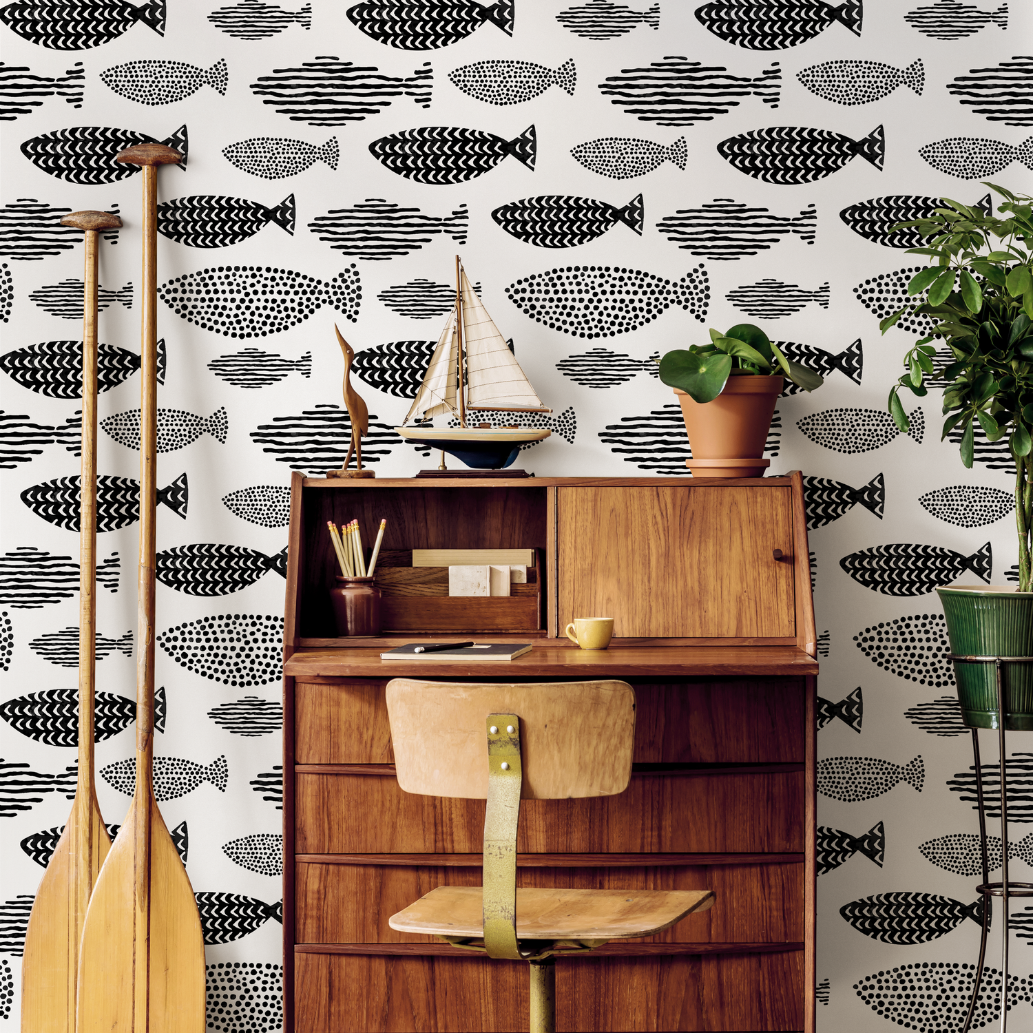 Coastal Wallpaper with a Stylized Fish Motif in Black and White - C084