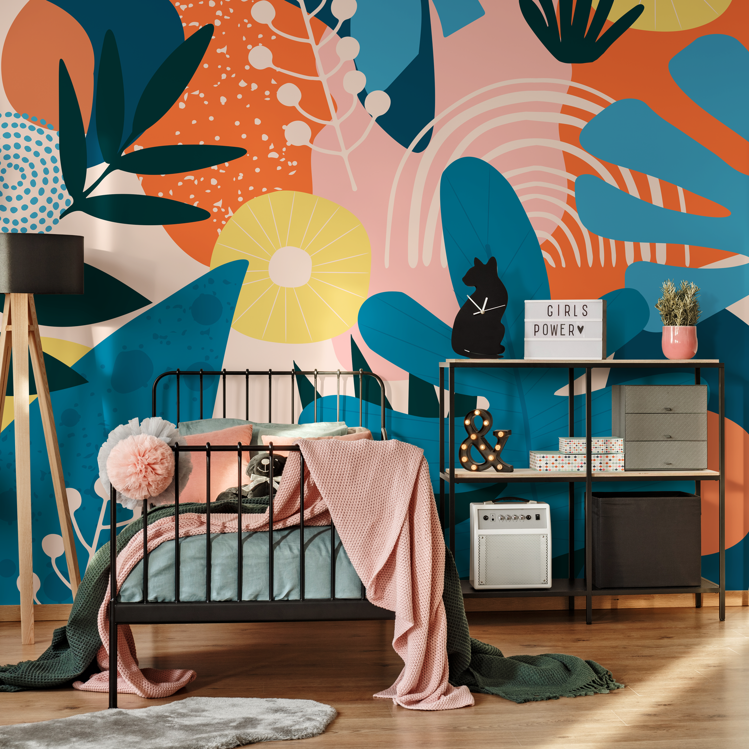 Abstract Wallpaper with a Collage of Botanical Shapes in Blue, Orange, and Pink - C085