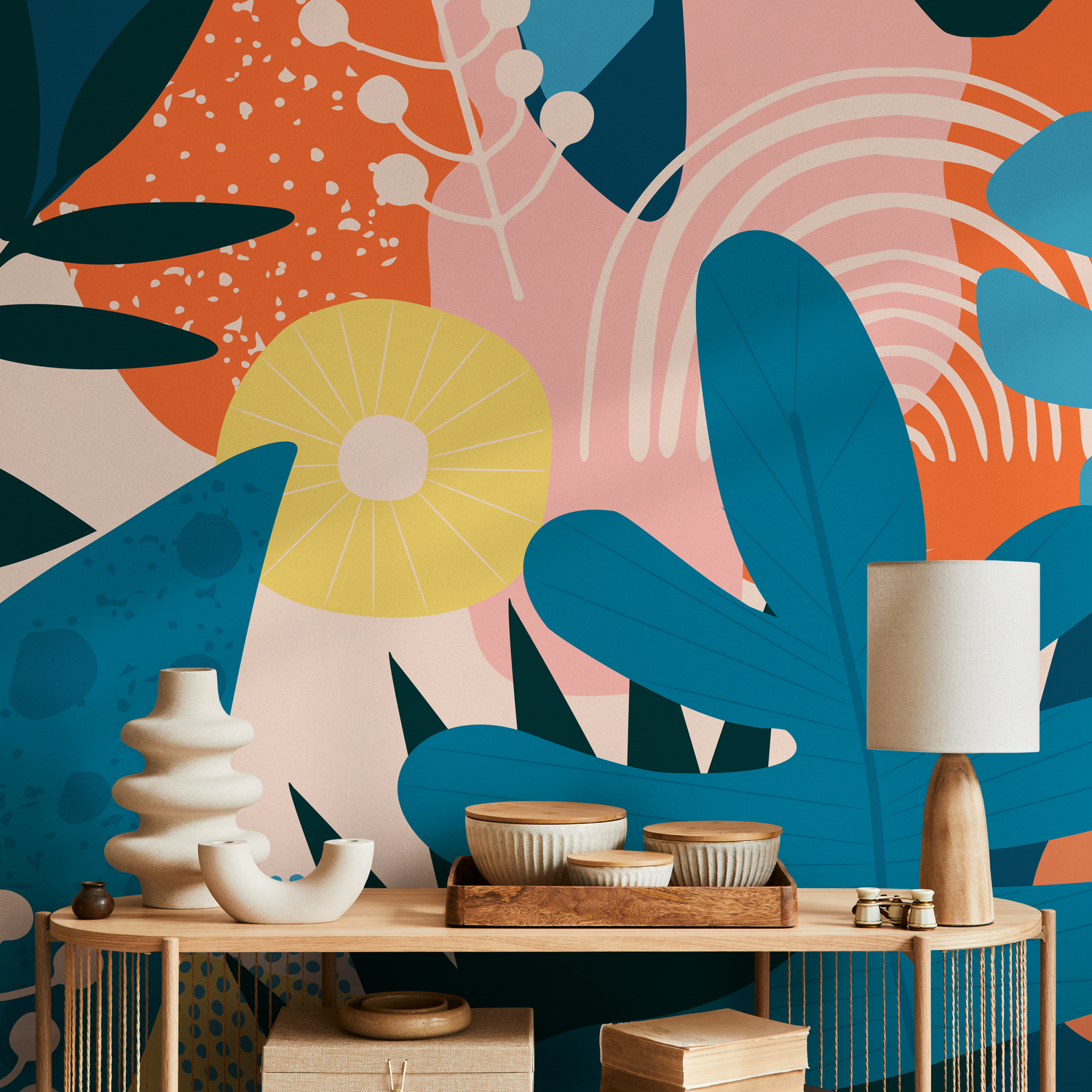 Abstract Wallpaper with a Collage of Botanical Shapes in Blue, Orange, and Pink - C085