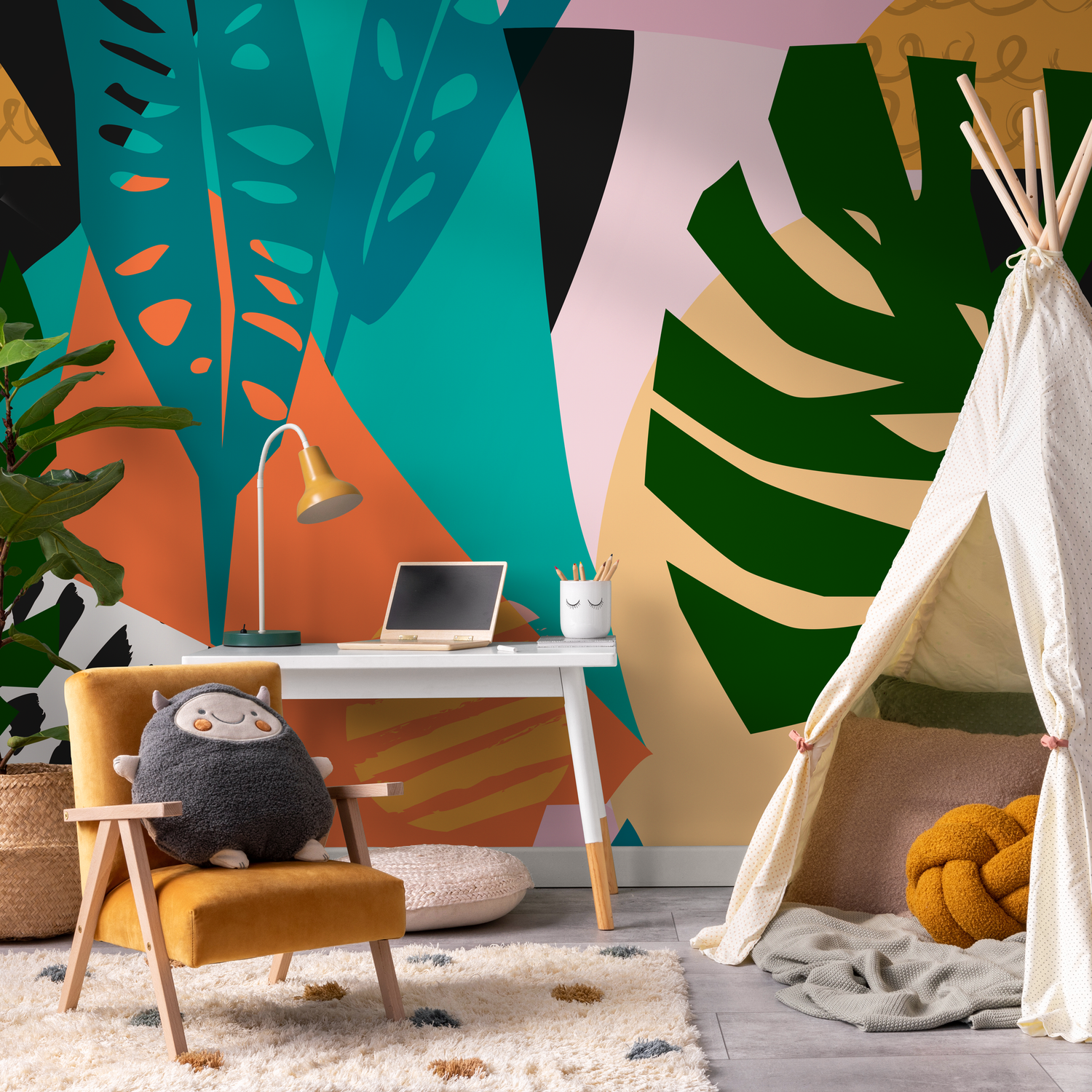 Abstract Wallpaper with a Tropical Leaf Collage in Green, Orange, and Teal - C087