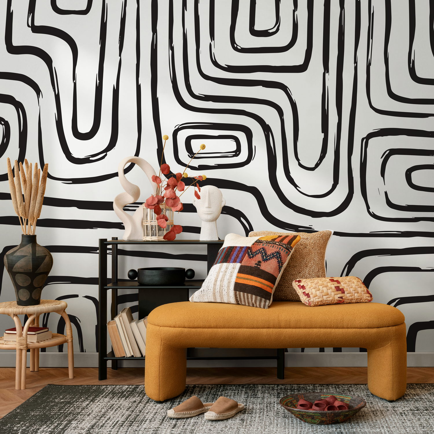 Papier peint amovible, papier peint scandinave, papier peint à pois noirs, papier peint autocollant - C091