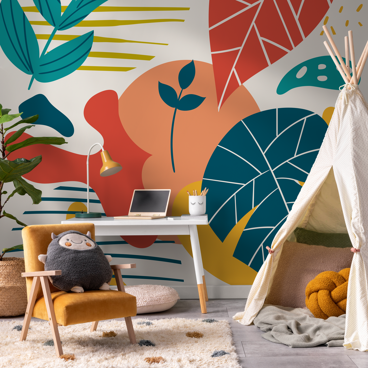 Abstract Wallpaper with Modern Organic Shapes in Teal, Yellow, and Red-Orange - C092