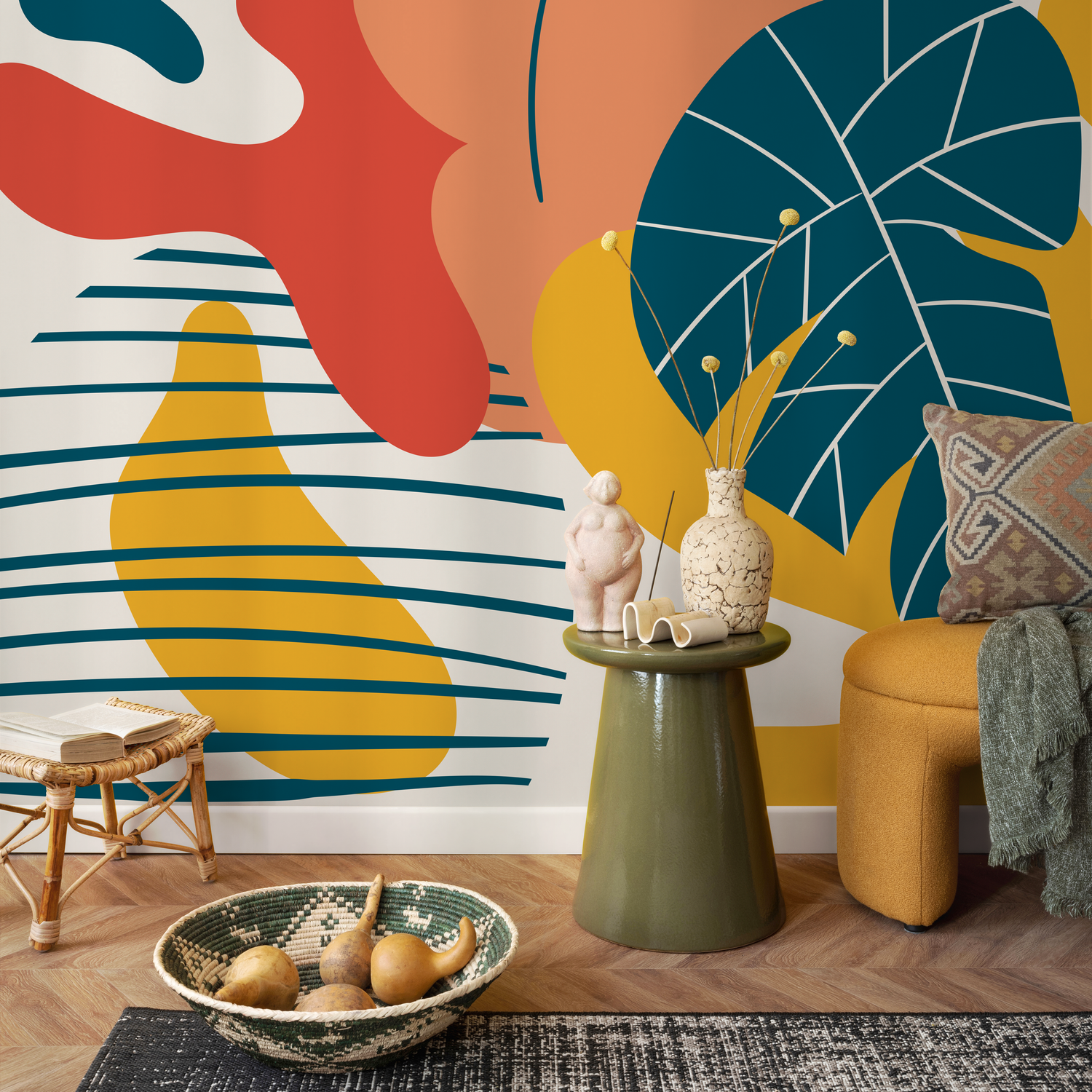 Abstract Wallpaper with Modern Organic Shapes in Teal, Yellow, and Red-Orange - C092